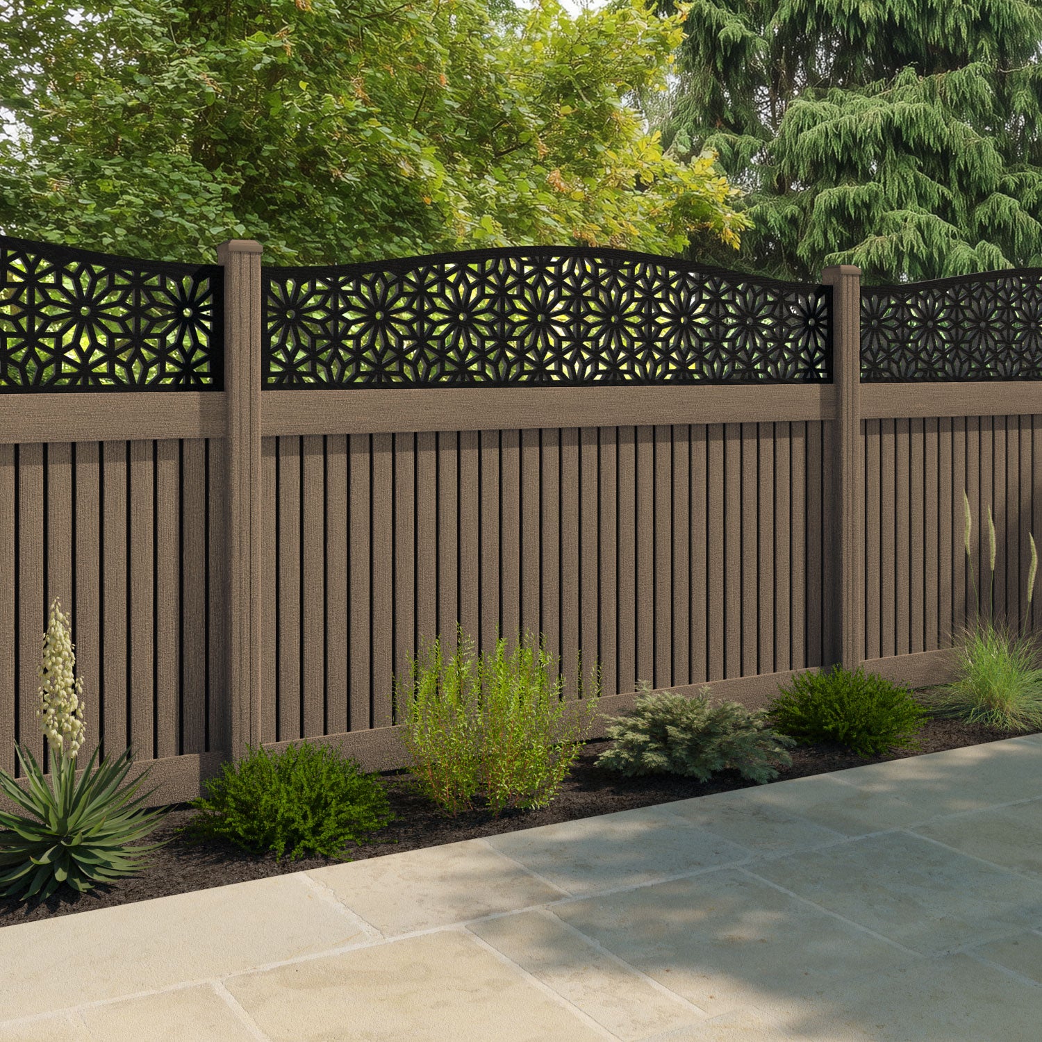 Virtis Narwa Curved Top Fence Panel - Teak - with our composite posts