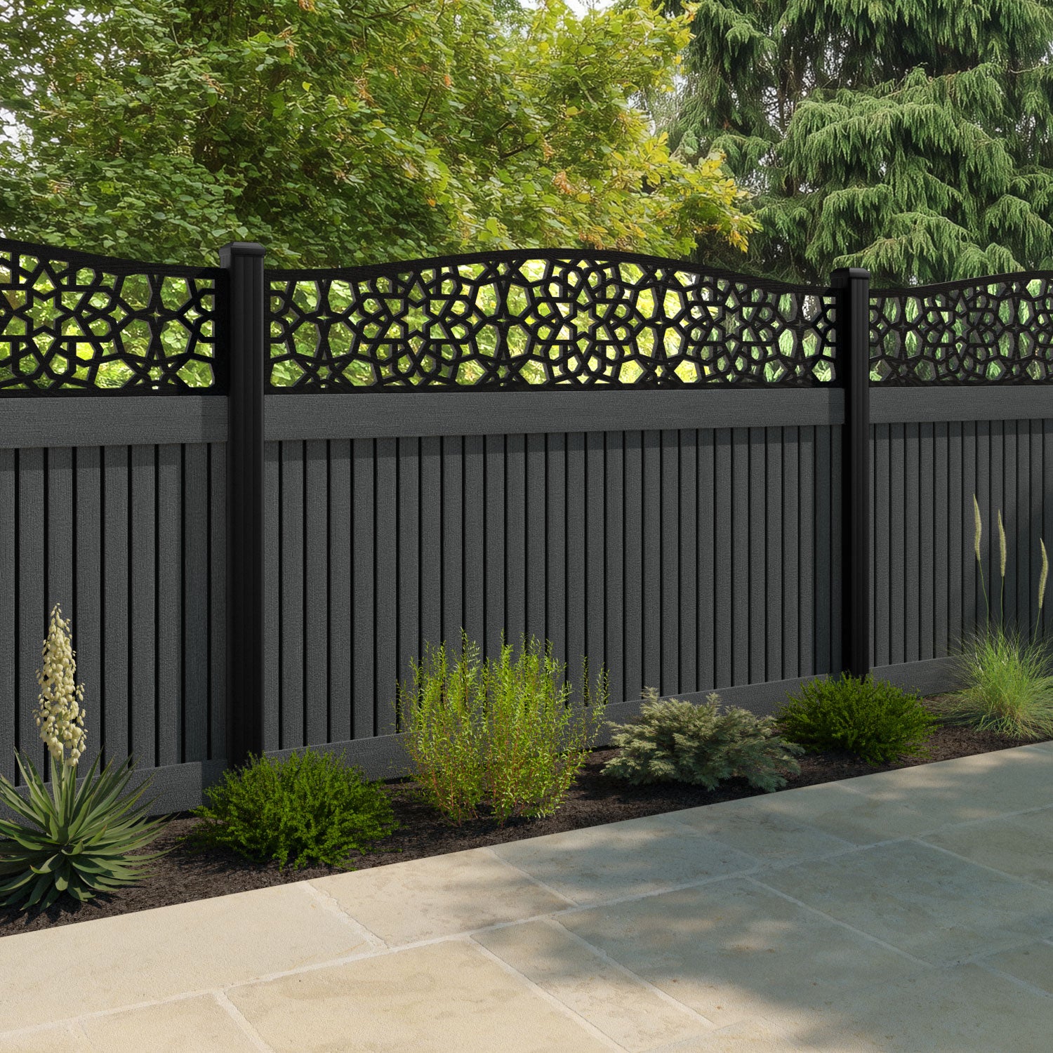 Virtis Nazira Curved Top Fence Panel - Dark Grey - with our aluminium posts