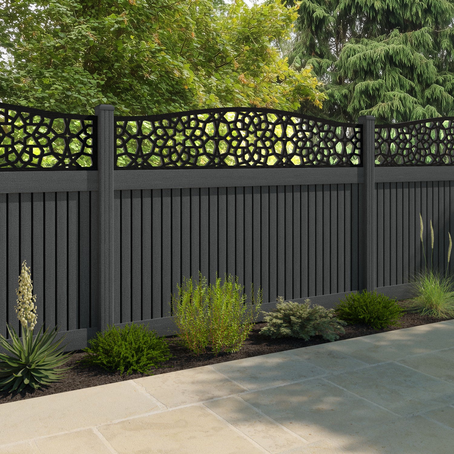 Virtis Nazira Curved Top Fence Panel - Dark Grey - with our composite posts