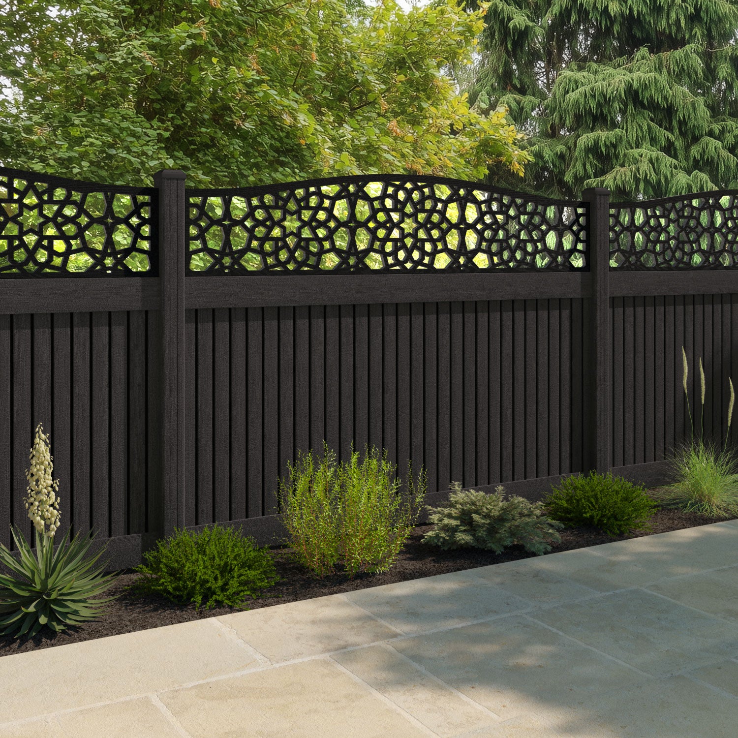 Virtis Nazira Curved Top Fence Panel - Dark Oak - with our composite posts