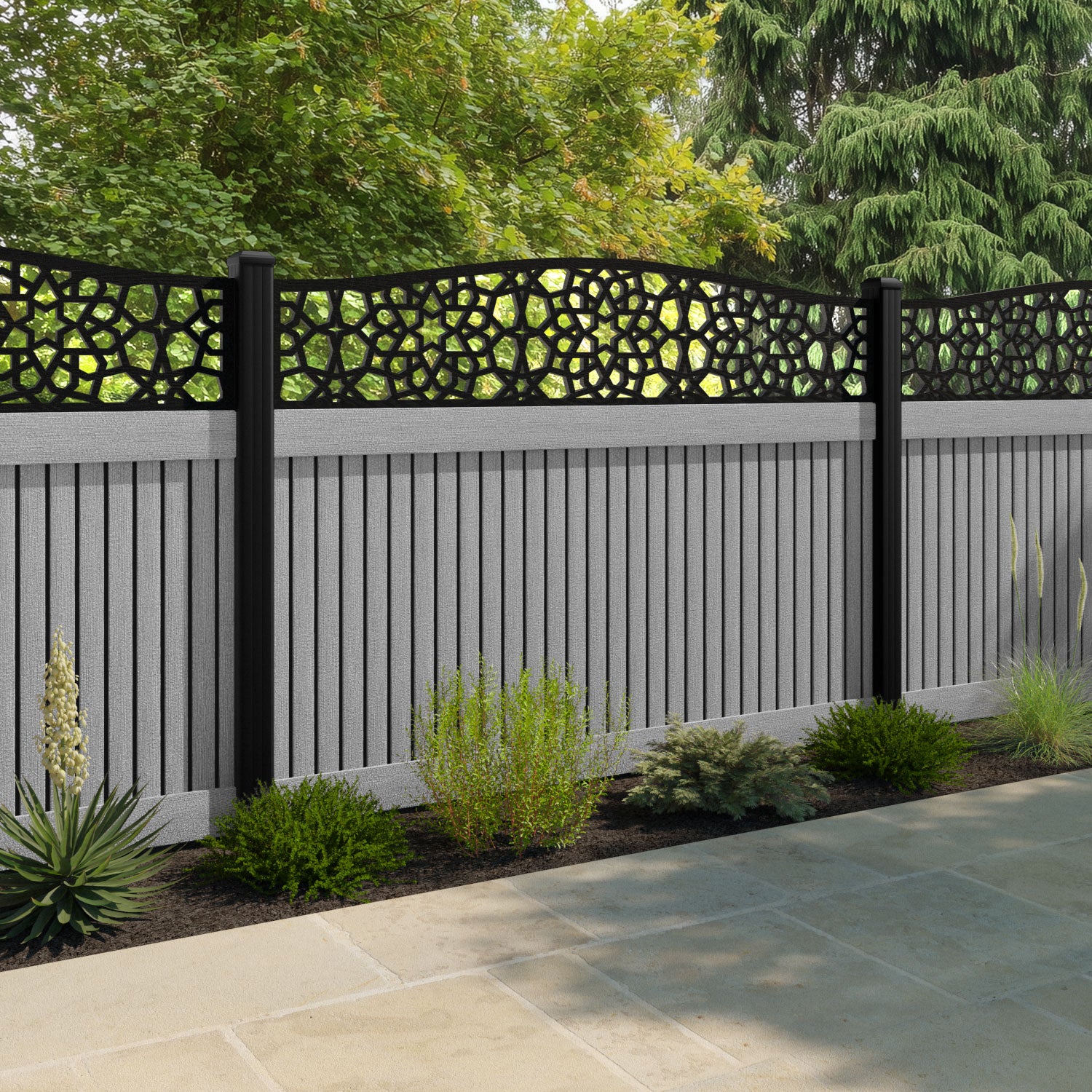 Virtis Nazira Curved Top Fence Panel - Light Grey - with our aluminium posts