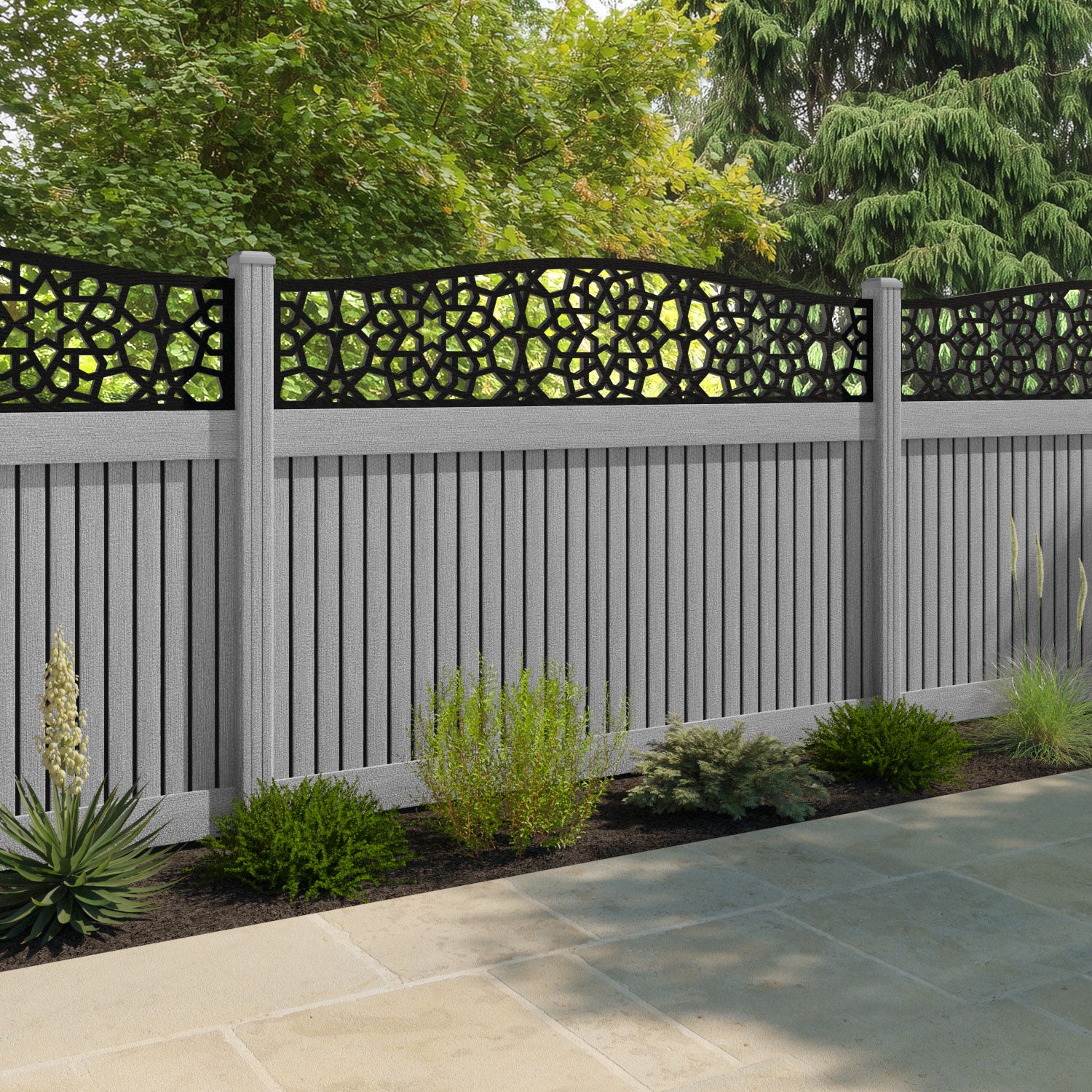 Virtis Nazira Curved Top Fence Panel - Light Grey - with our composite posts