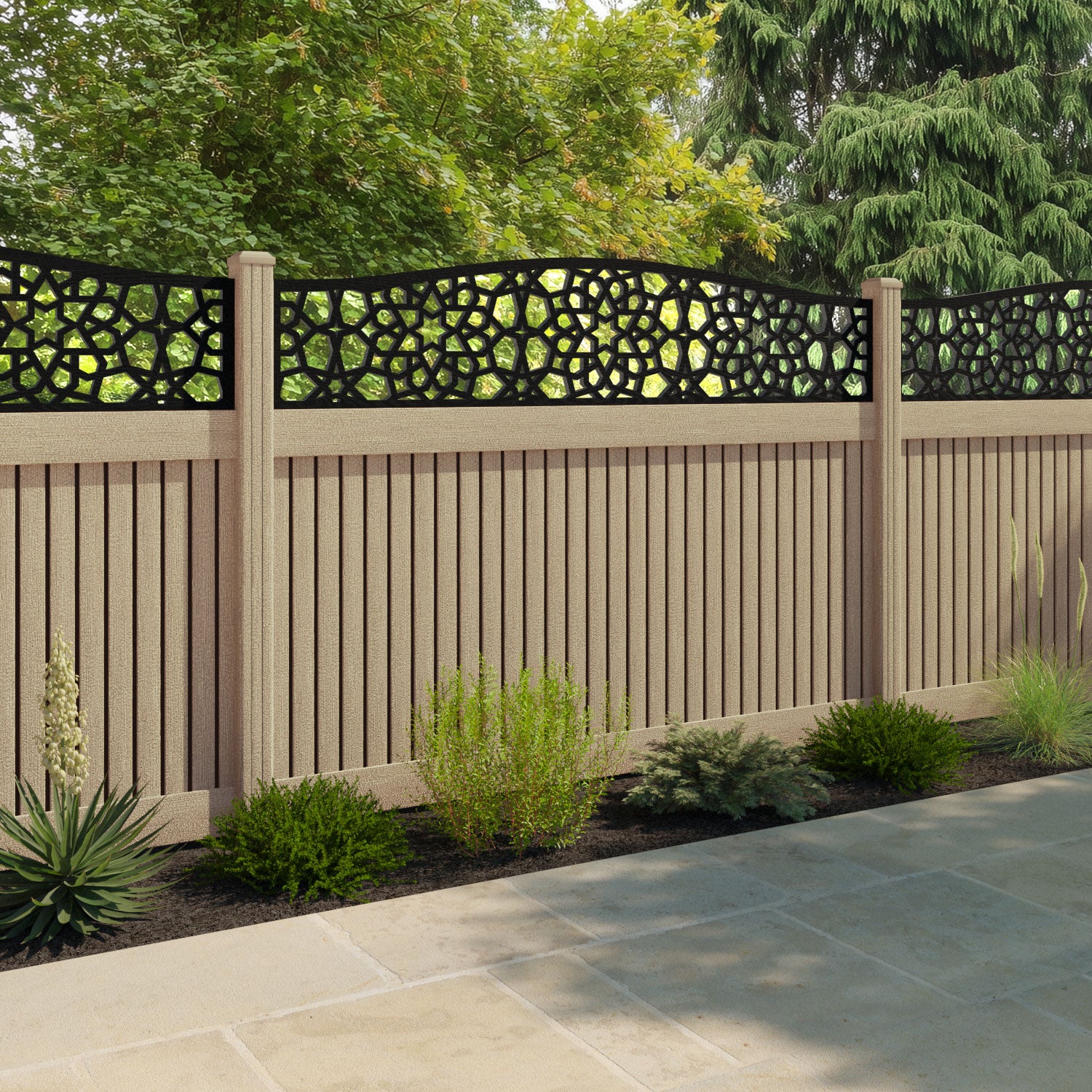 Virtis Nazira Curved Top Fence Panel - Light Oak - with our composite posts