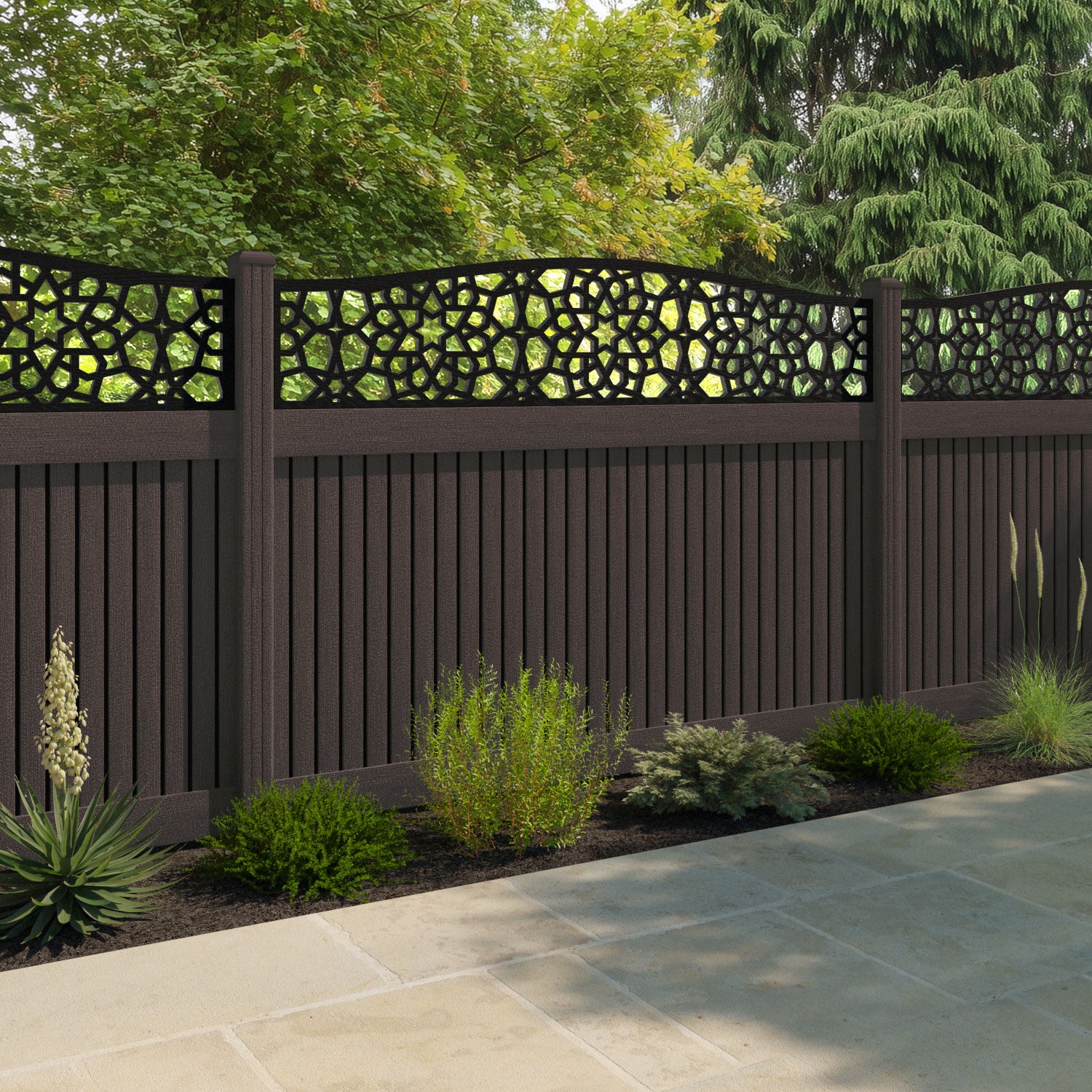 Virtis Nazira Curved Top Fence Panel - Mid Brown - with our composite posts