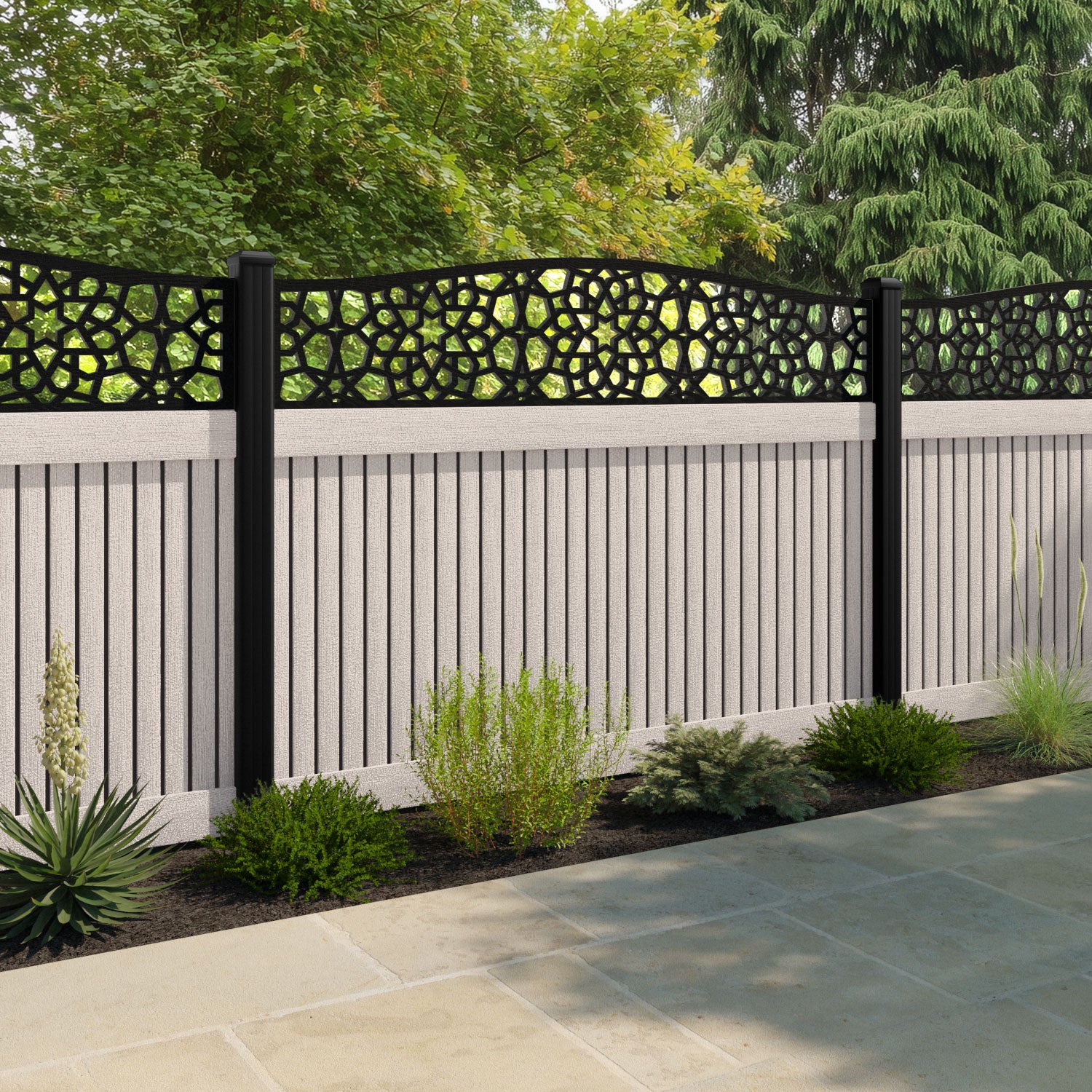Virtis Nazira Curved Top Fence Panel - Mid Stone - with our composite posts