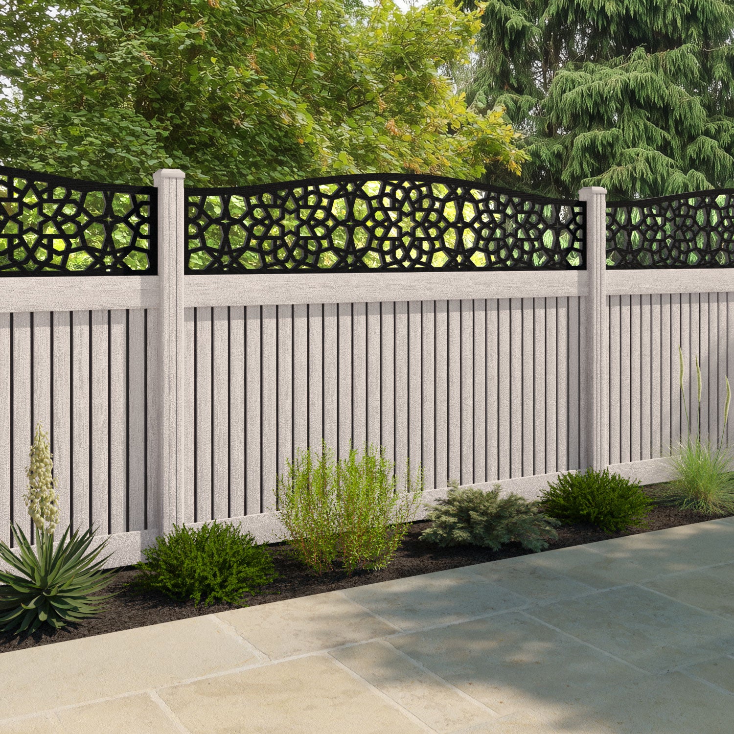 Virtis Nazira Curved Top Fence Panel - Mid Stone - with our composite posts
