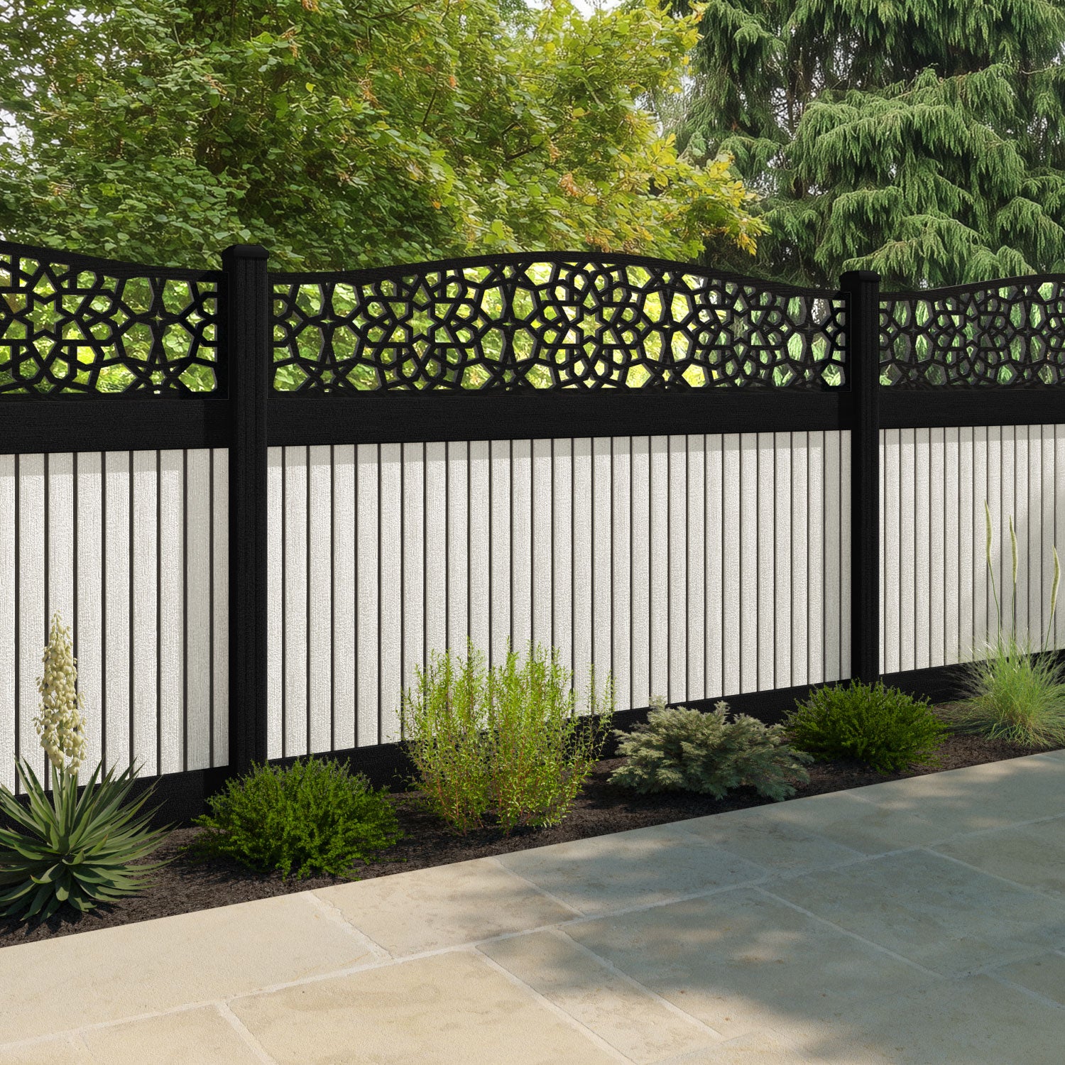 Virtis Nazira Curved Top Fence Panel - Light Stone - with our aluminium posts