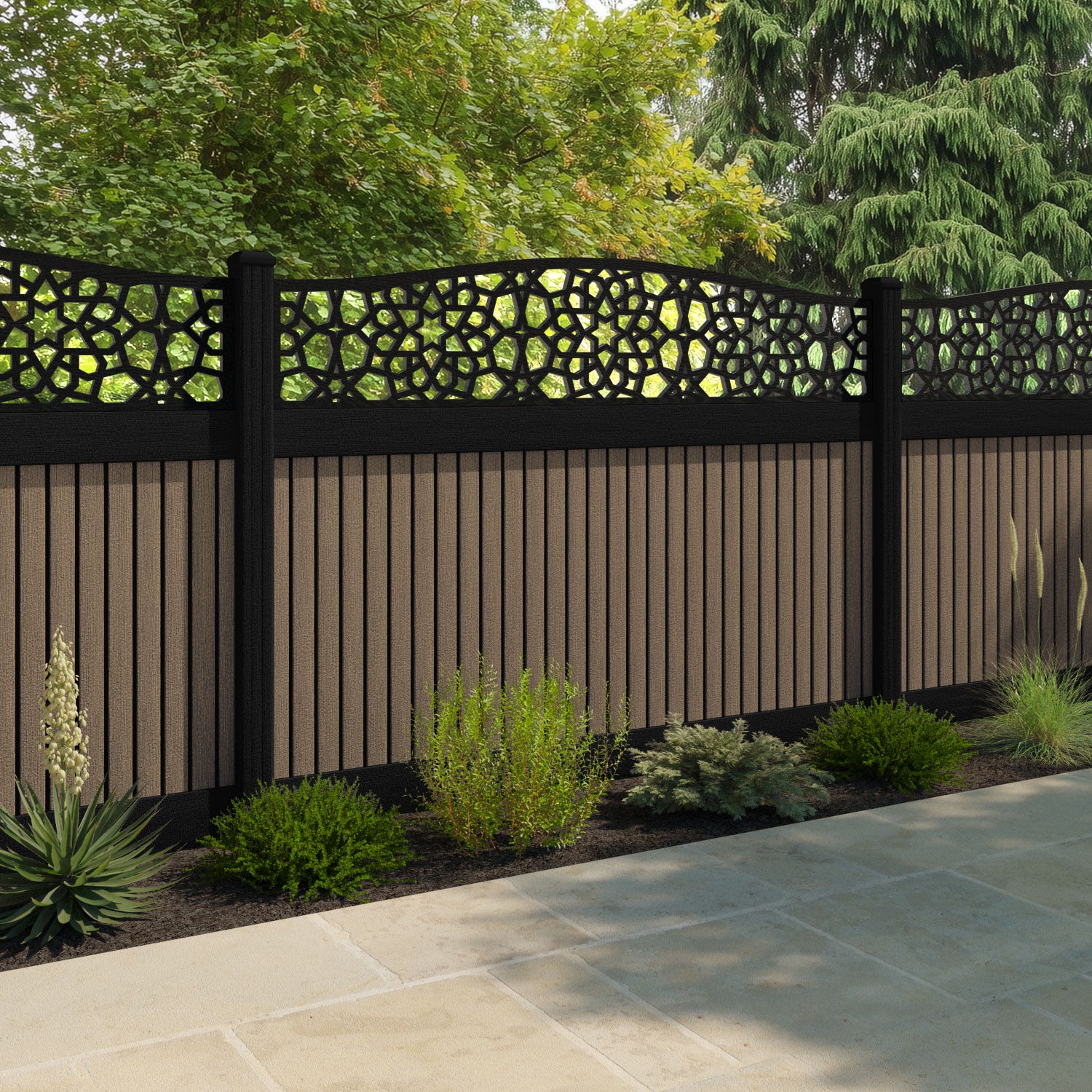 Virtis Nazira Curved Top Fence Panel - Teak - with our composite posts