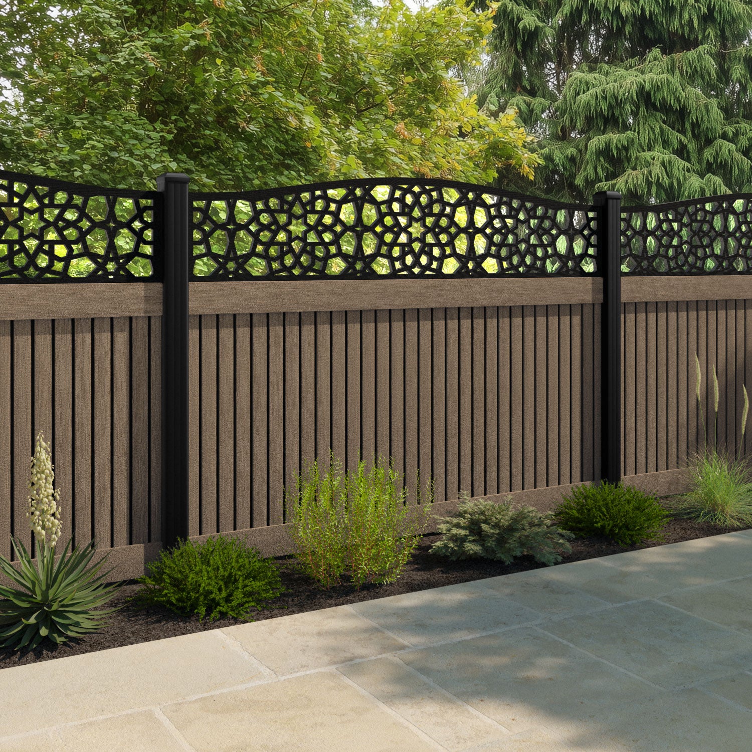 Virtis Nazira Curved Top Fence Panel - Teak - with our composite posts