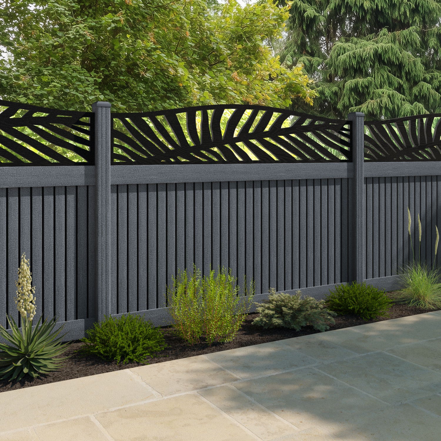 Virtis Palm Curved Top Fence Panel - Anthracite - with our composite posts