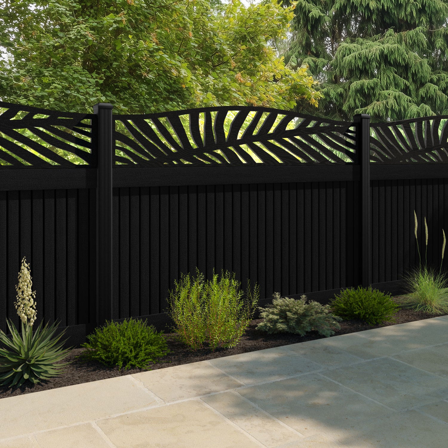Virtis Palm Curved Top Fence Panel - Black - with our aluminium posts