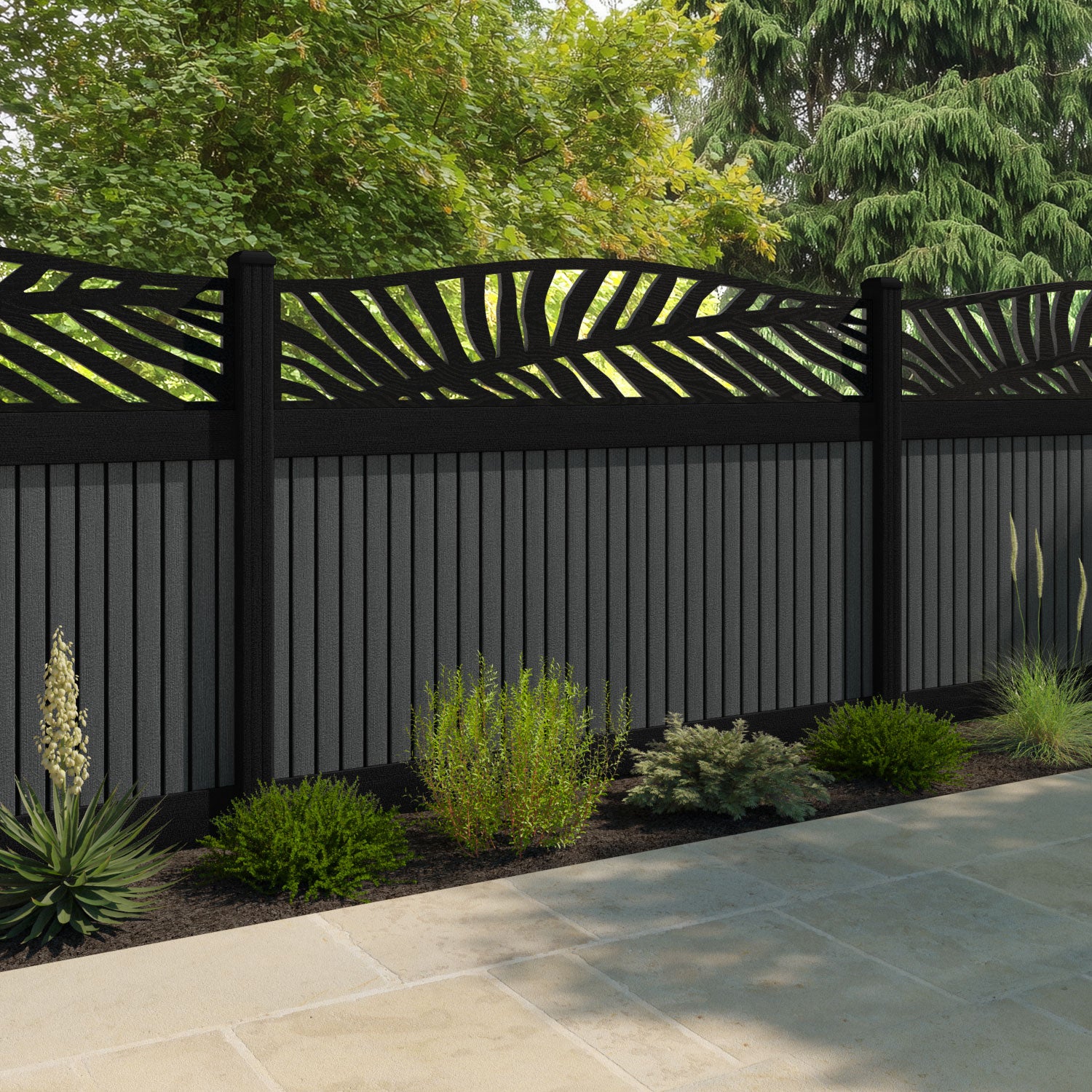 Virtis Palm Curved Top Fence Panel - Dark Grey - with our aluminium posts