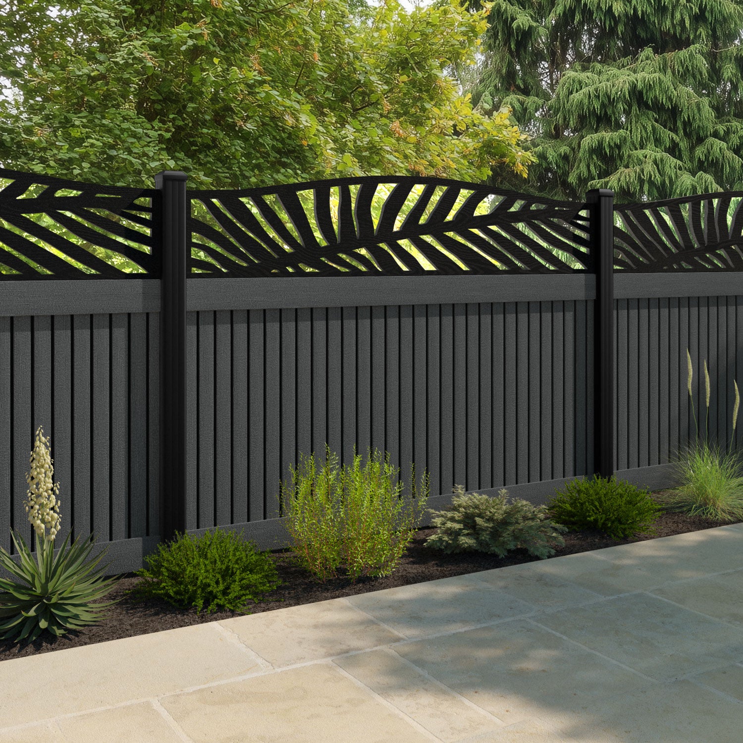Virtis Palm Curved Top Fence Panel - Dark Grey - with our aluminium posts