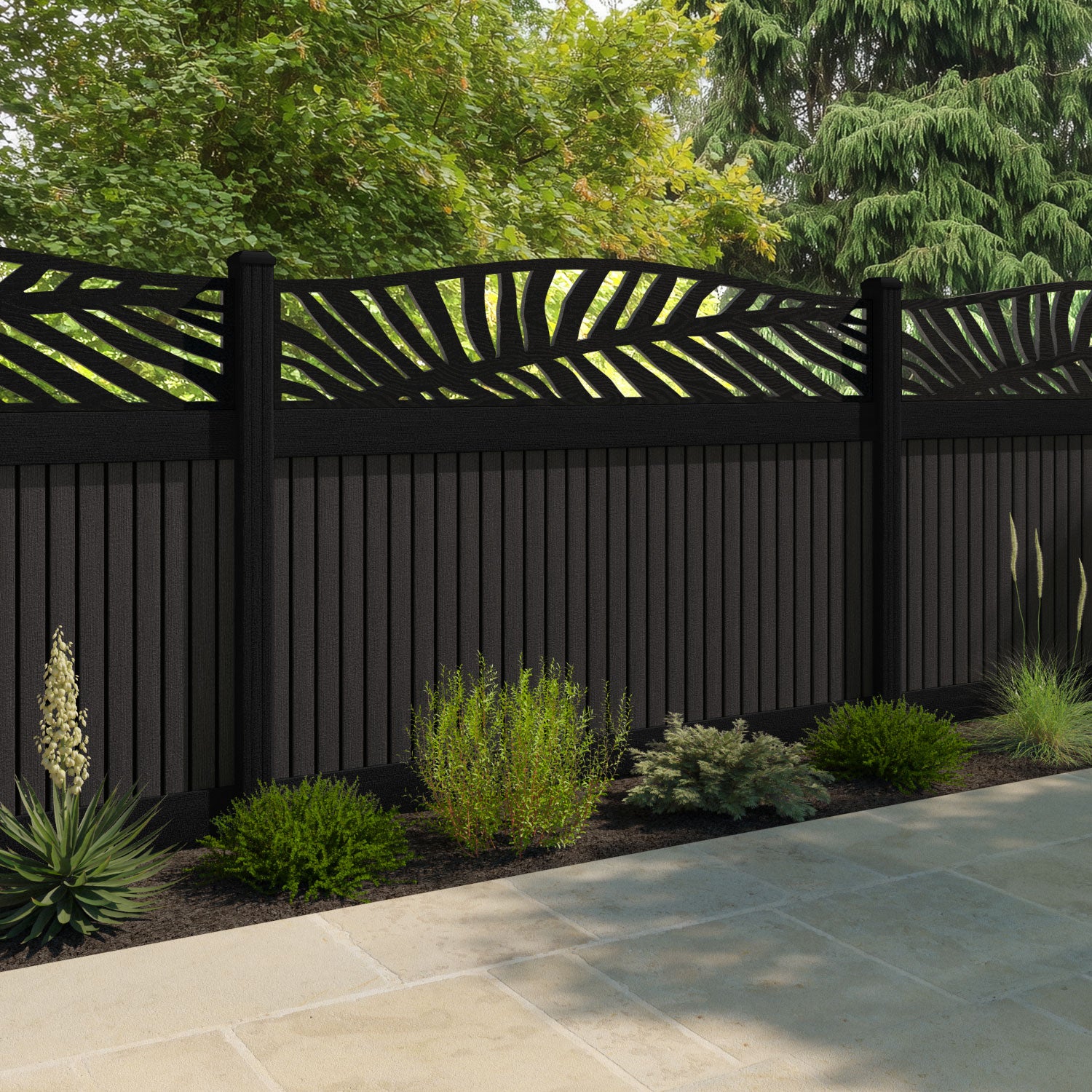 Virtis Palm Curved Top Fence Panel - Dark Oak - with our aluminium posts