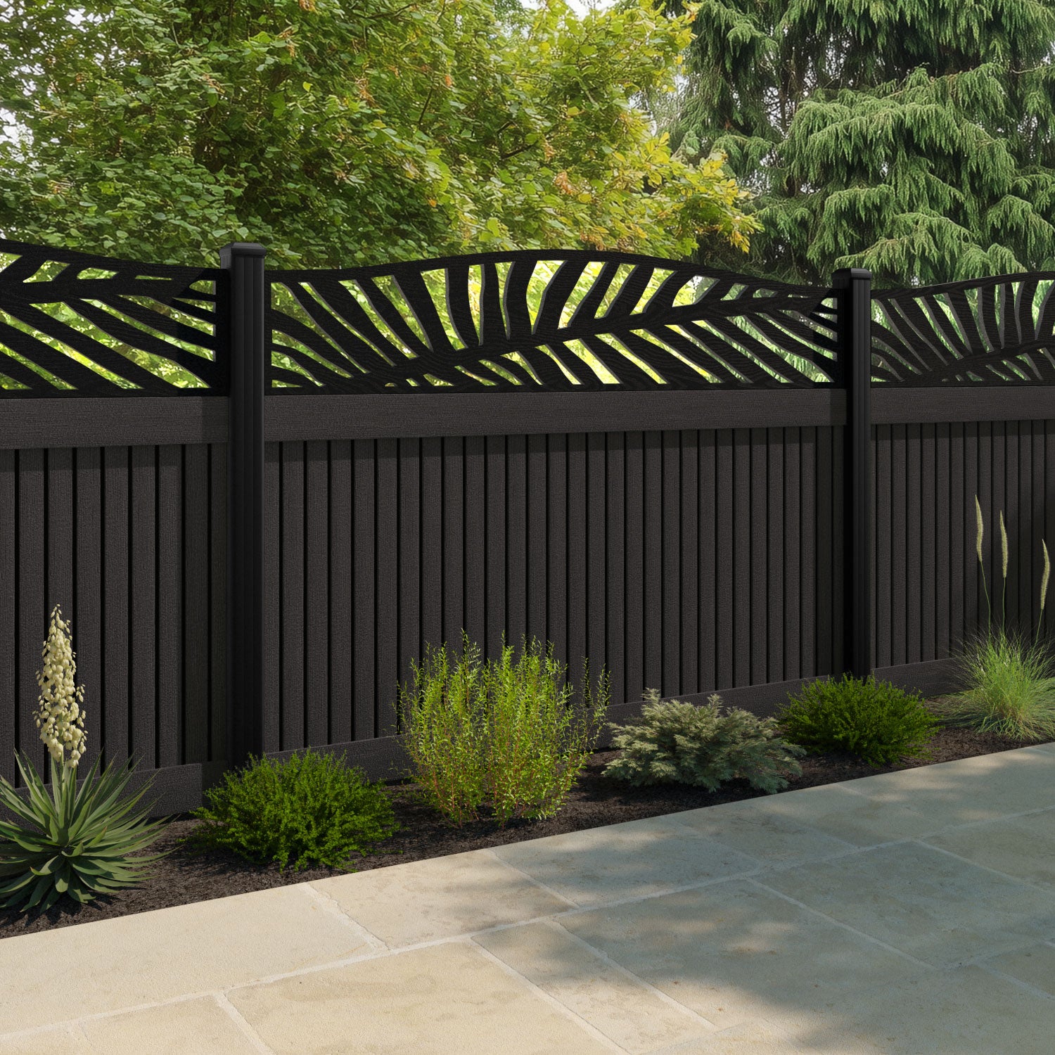 Virtis Palm Curved Top Fence Panel - Dark Oak - with our aluminium posts