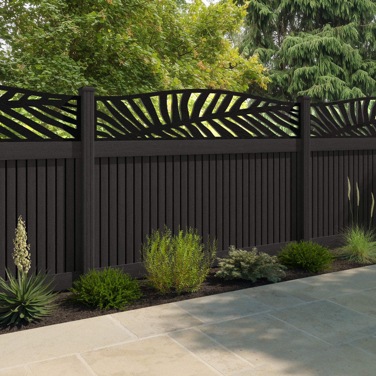 Virtis Palm Curved Top Fence Panel - Dark Oak - with our composite posts
