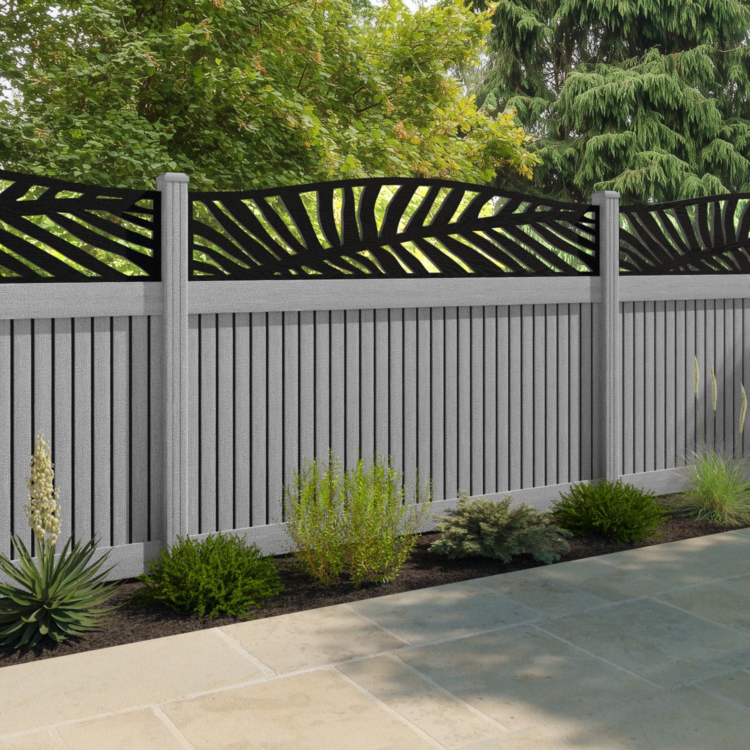 Virtis Palm Curved Top Fence Panel - Light Grey - with our composite posts