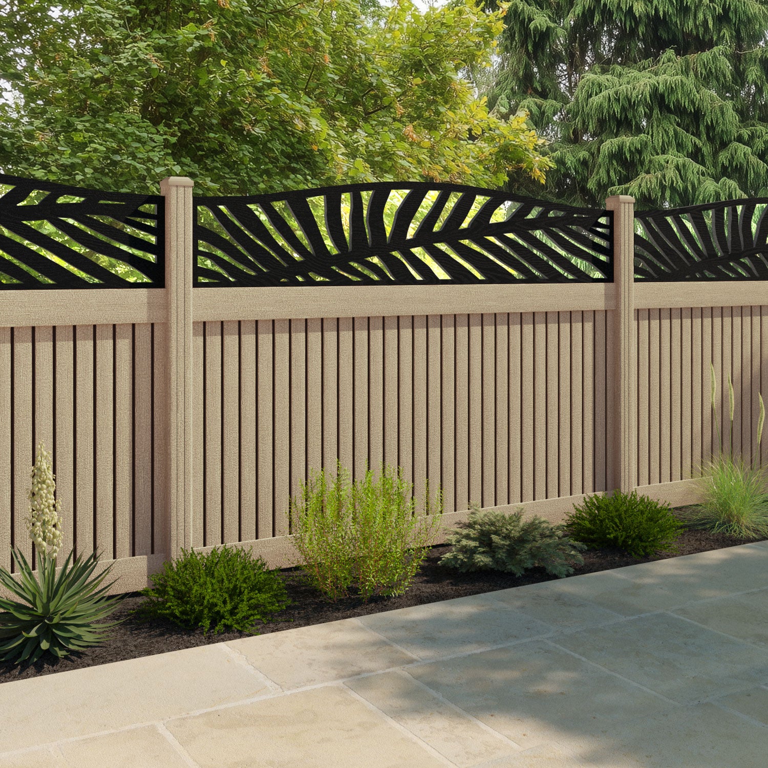 Virtis Palm Curved Top Fence Panel - Light Oak - with our composite posts