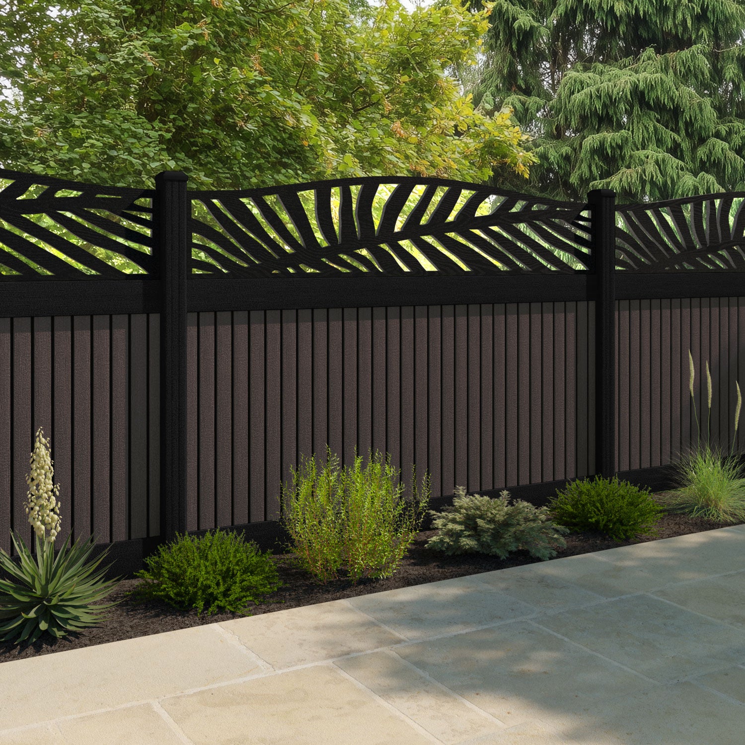 Virtis Palm Curved Top Fence Panel - Mid Brown - with our aluminium posts