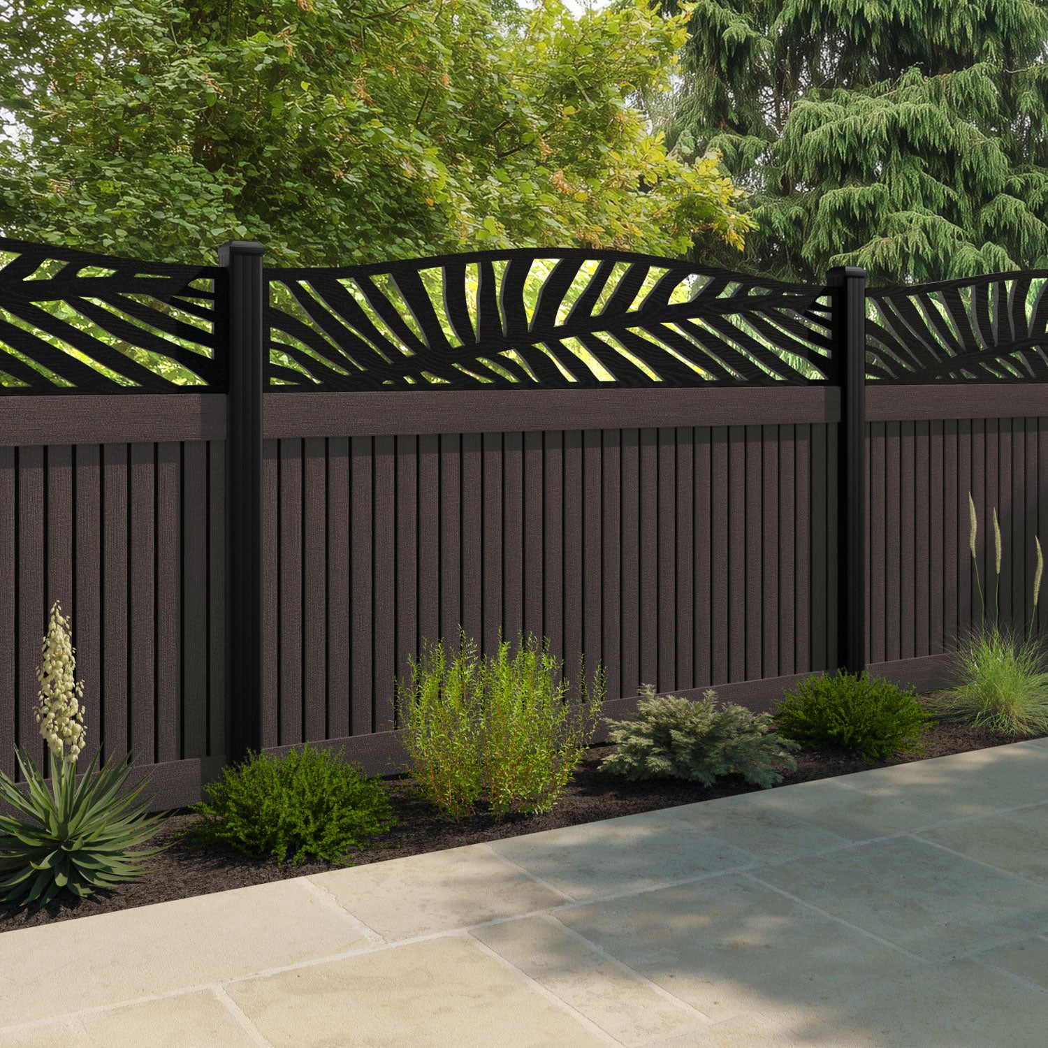 Virtis Palm Curved Top Fence Panel - Mid Brown - with our composite posts