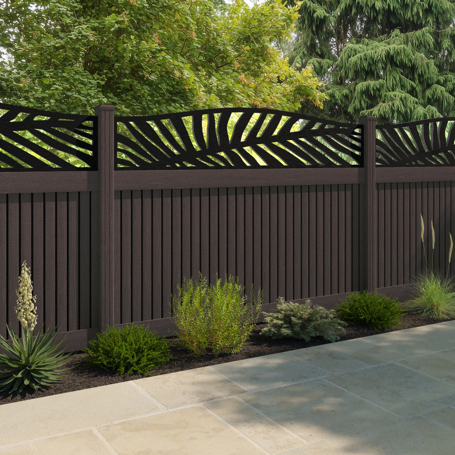 Virtis Palm Curved Top Fence Panel - Mid Brown - with our composite posts