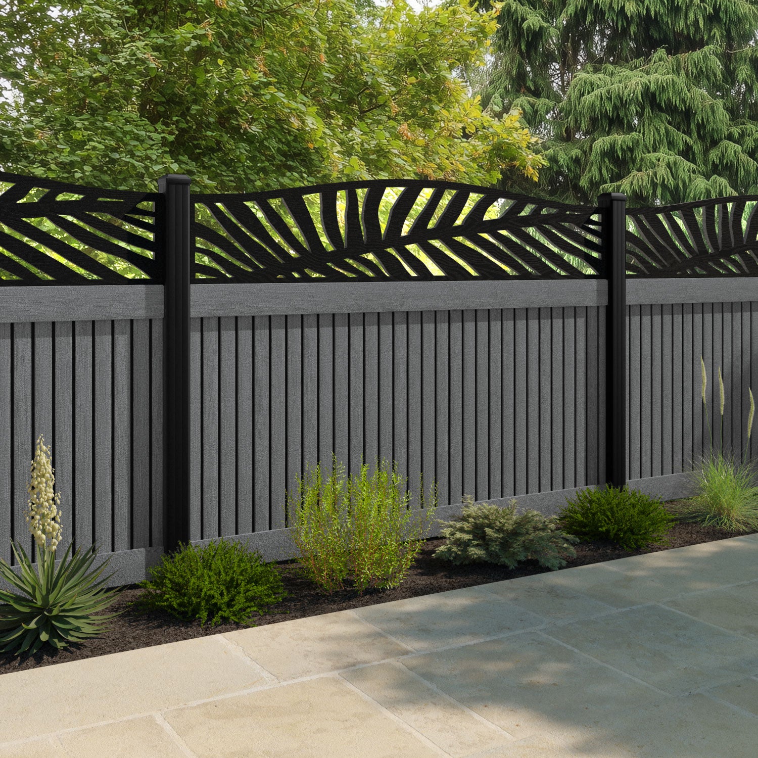 Virtis Palm Curved Top Fence Panel - Mid Grey - with our composite posts