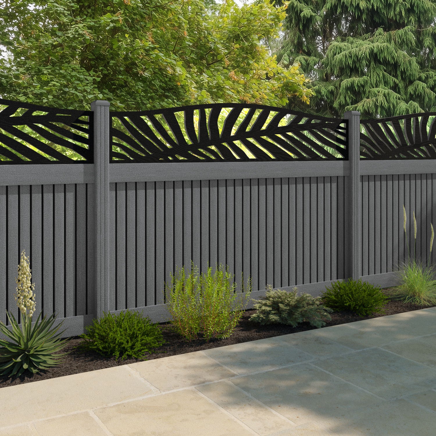 Virtis Palm Curved Top Fence Panel - Mid Grey - with our composite posts