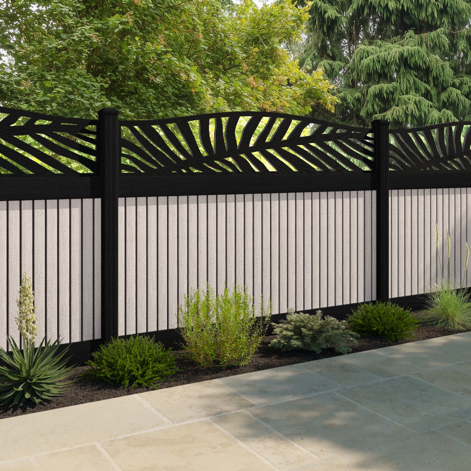 Virtis Palm Curved Top Fence Panel - Mid Stone - with our composite posts