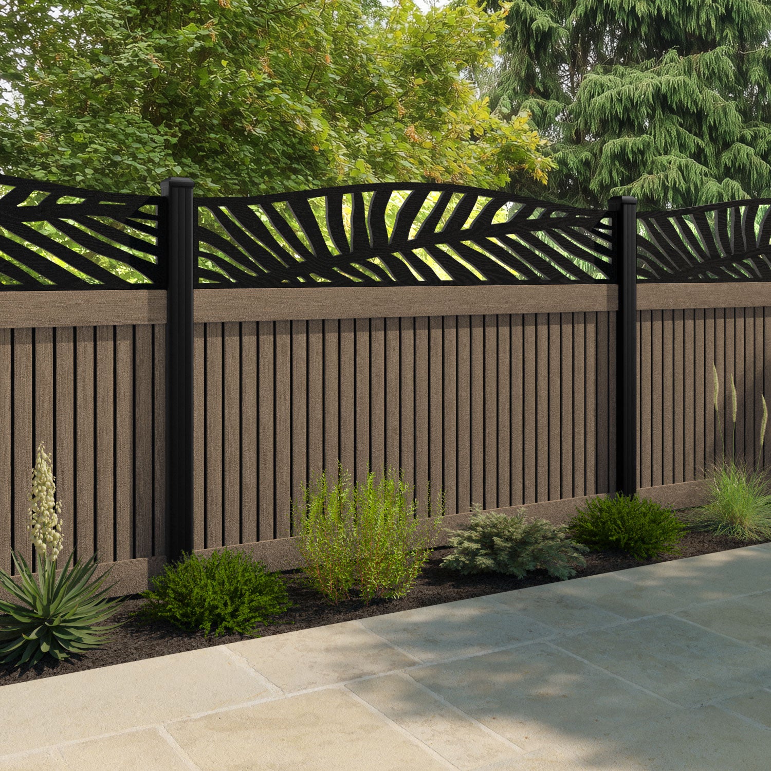 Virtis Palm Curved Top Fence Panel - Teak - with our composite posts