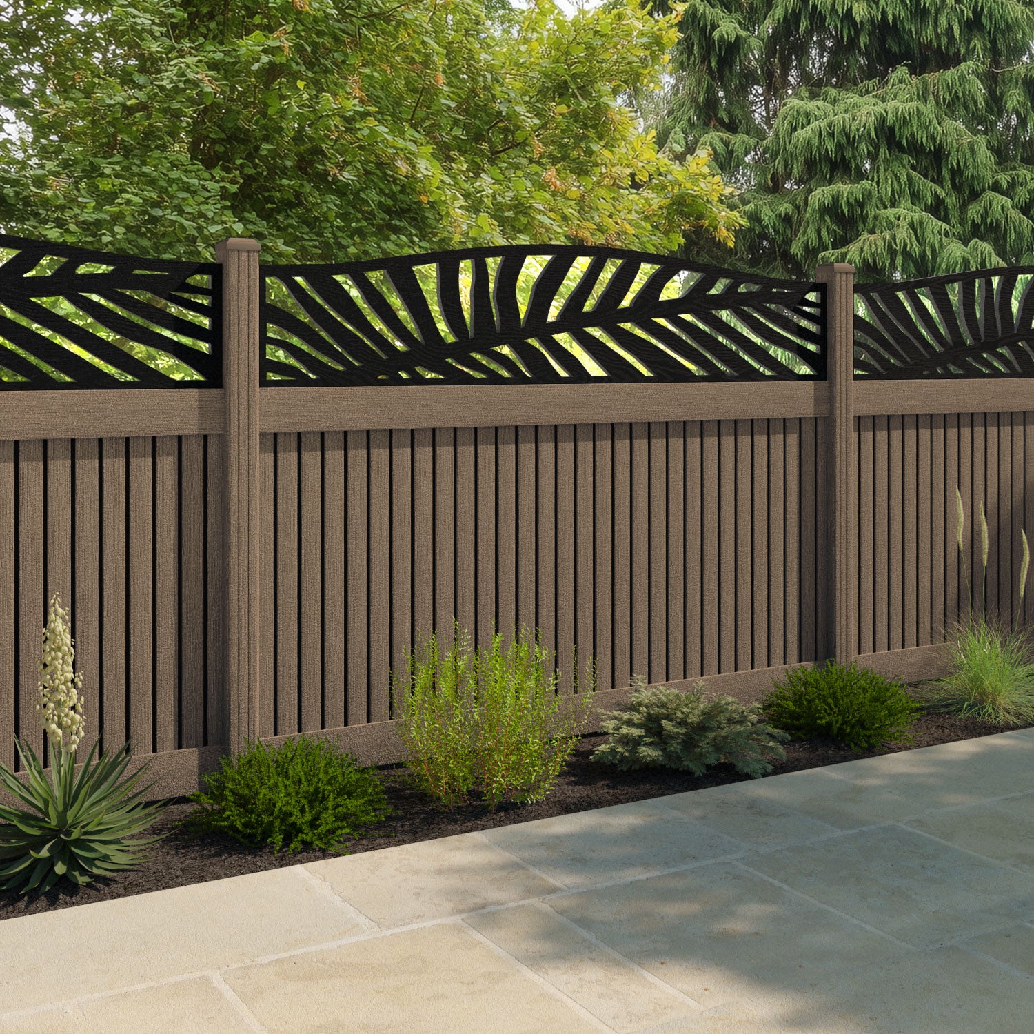 Virtis Palm Curved Top Fence Panel - Teak - with our composite posts
