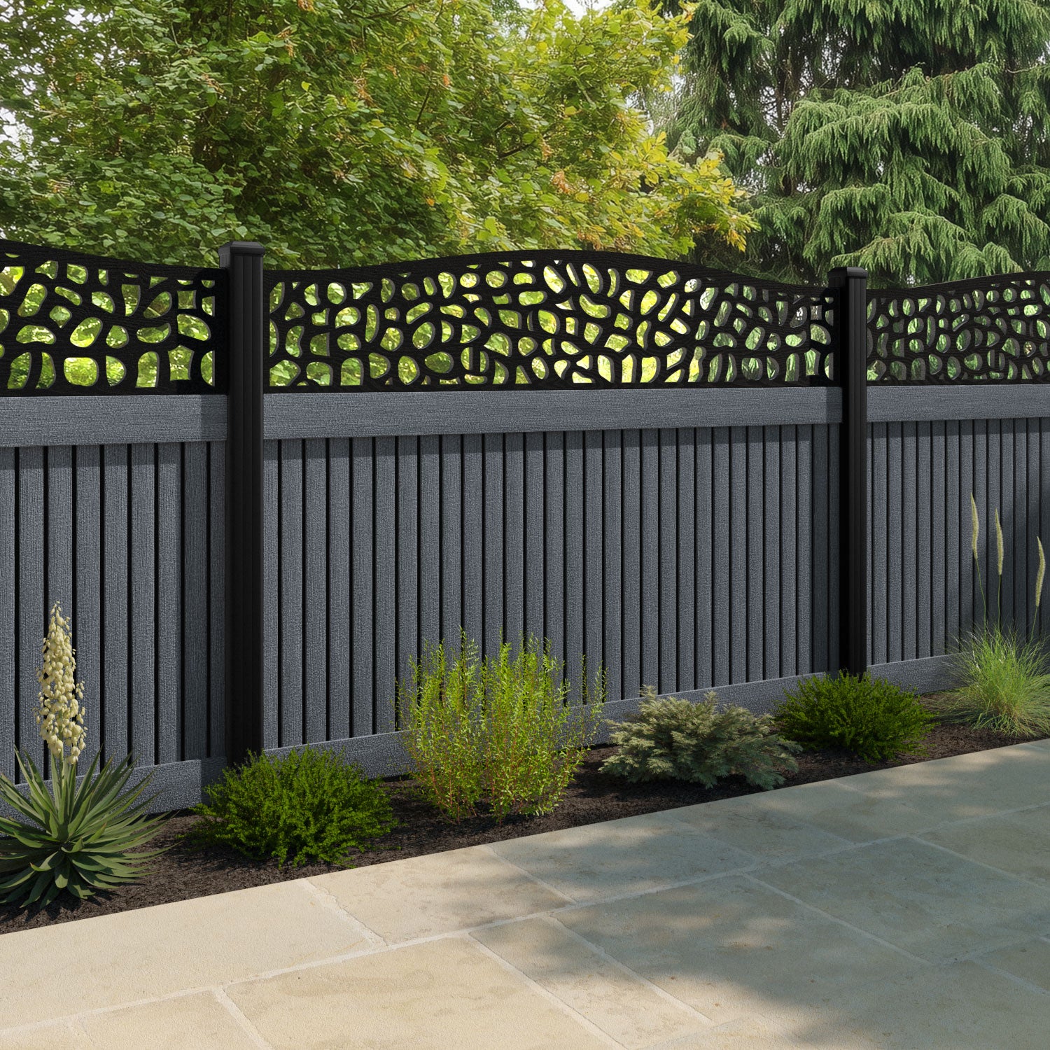 Virtis Pebble Curved Top Fence Panel - Anthracite - with our aluminium posts