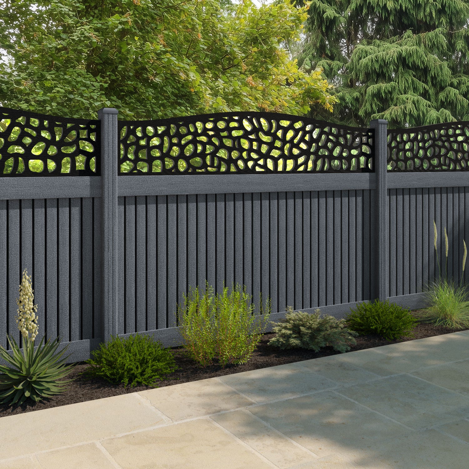 Virtis Pebble Curved Top Fence Panel - Anthracite - with our composite posts