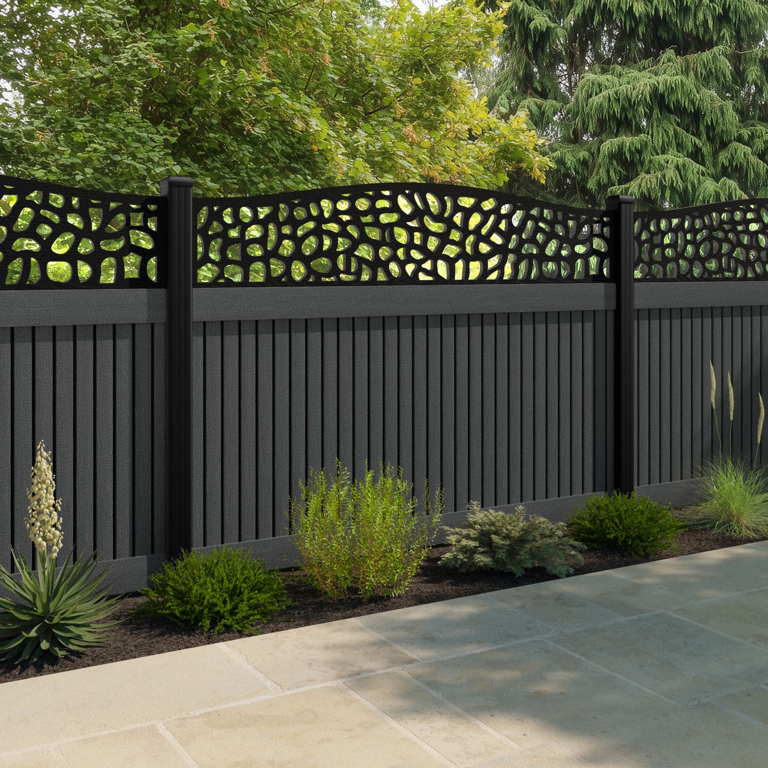 Virtis Pebble Curved Top Fence Panel - Dark Grey - with our aluminium posts