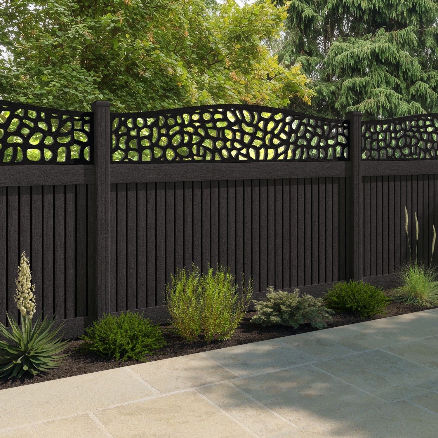 Virtis Pebble Curved Top Fence Panel - Dark Oak - with our composite posts