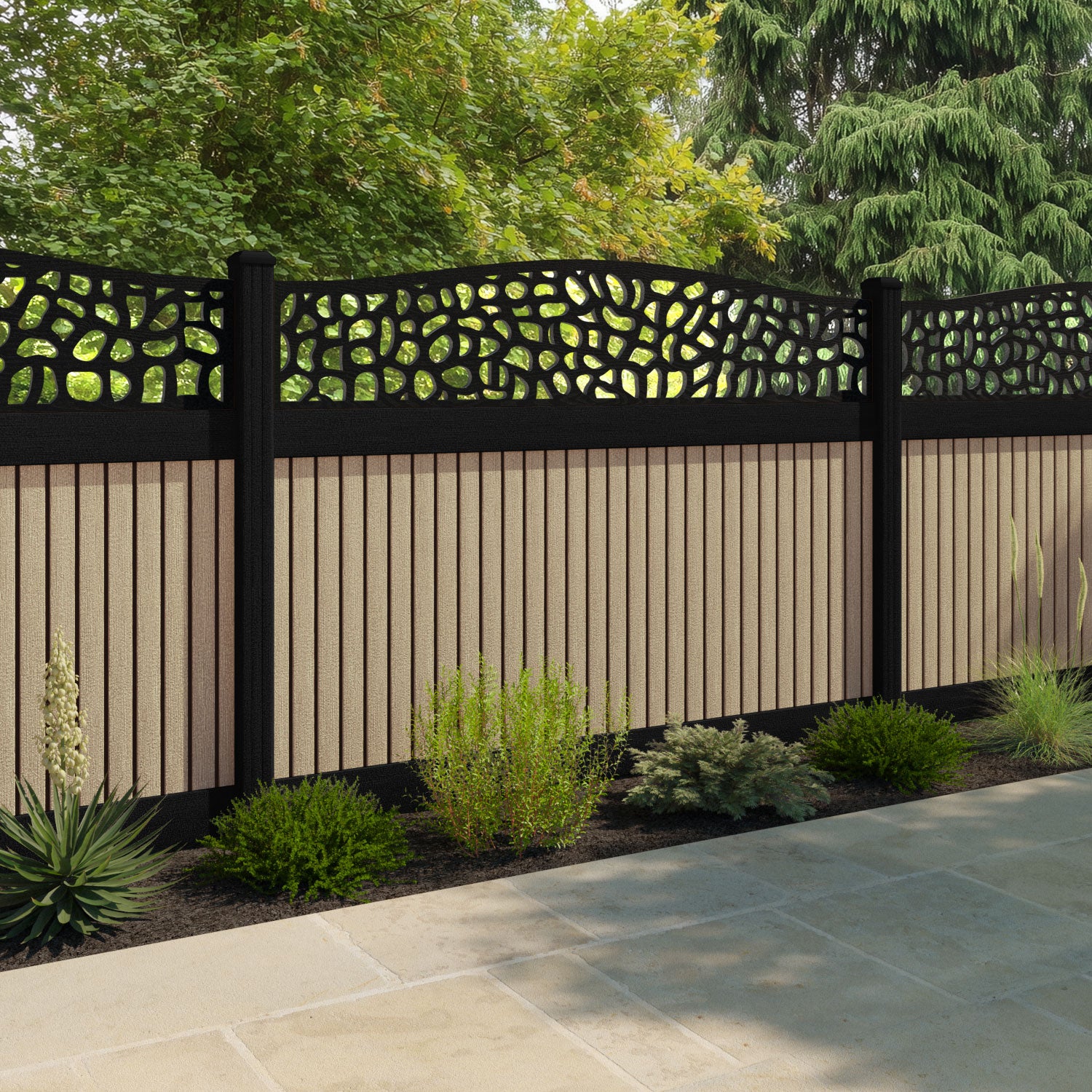 Virtis Pebble Curved Top Fence Panel - Light Oak - with our composite posts