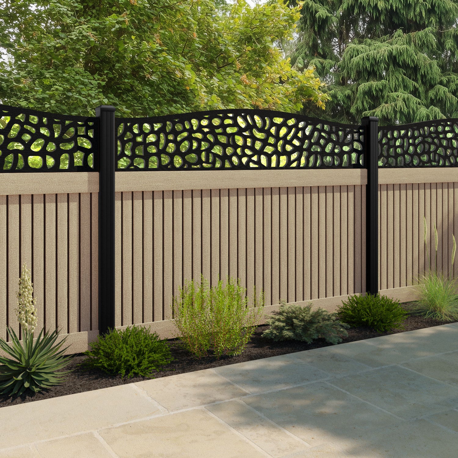 Virtis Pebble Curved Top Fence Panel - Light Oak - with our aluminium posts