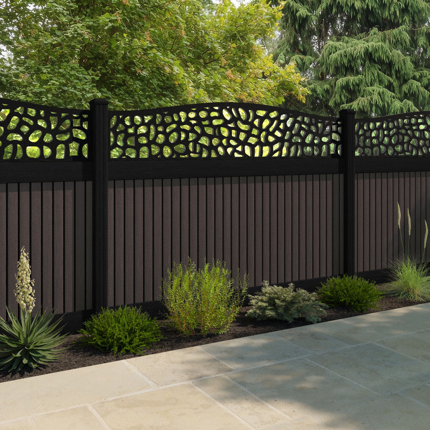 Virtis Pebble Curved Top Fence Panel - Mid Brown - with our composite posts