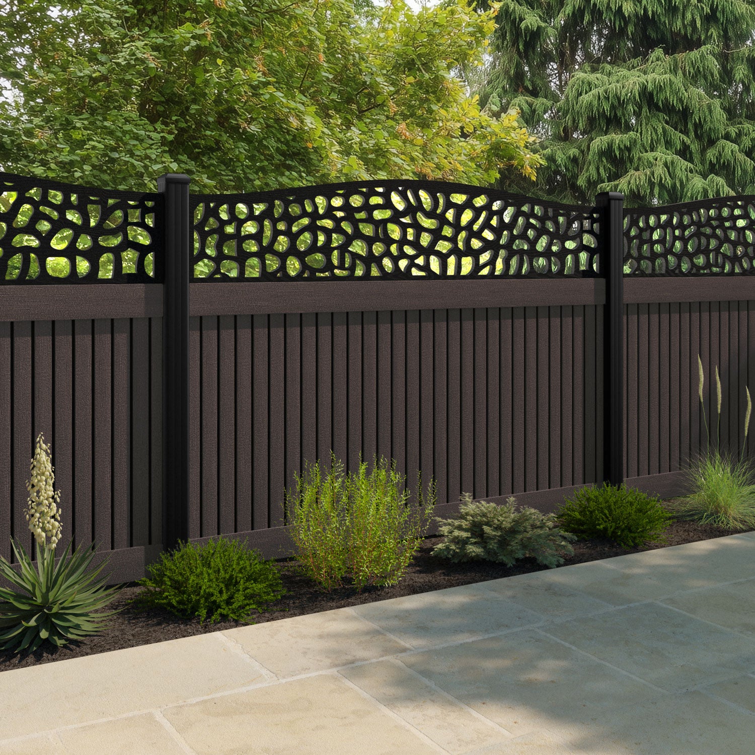 Virtis Pebble Curved Top Fence Panel - Mid Brown - with our aluminium posts