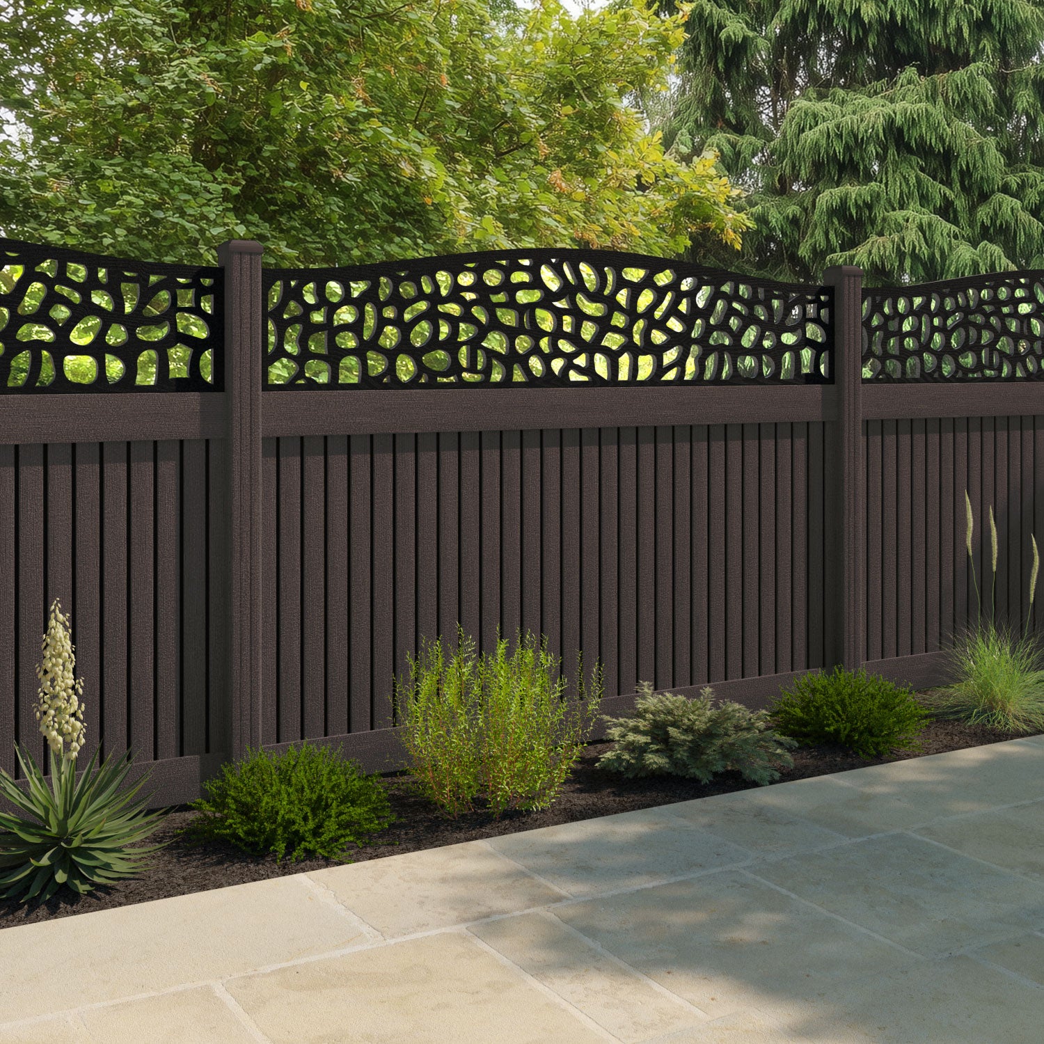Virtis Pebble Curved Top Fence Panel - Mid Brown - with our composite posts