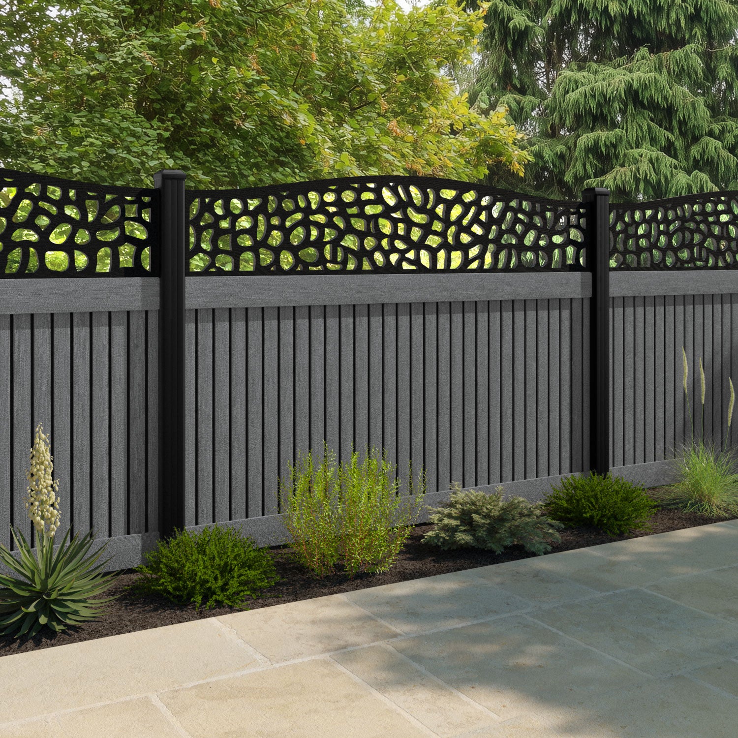 Virtis Pebble Curved Top Fence Panel - Mid Grey - with our aluminium posts