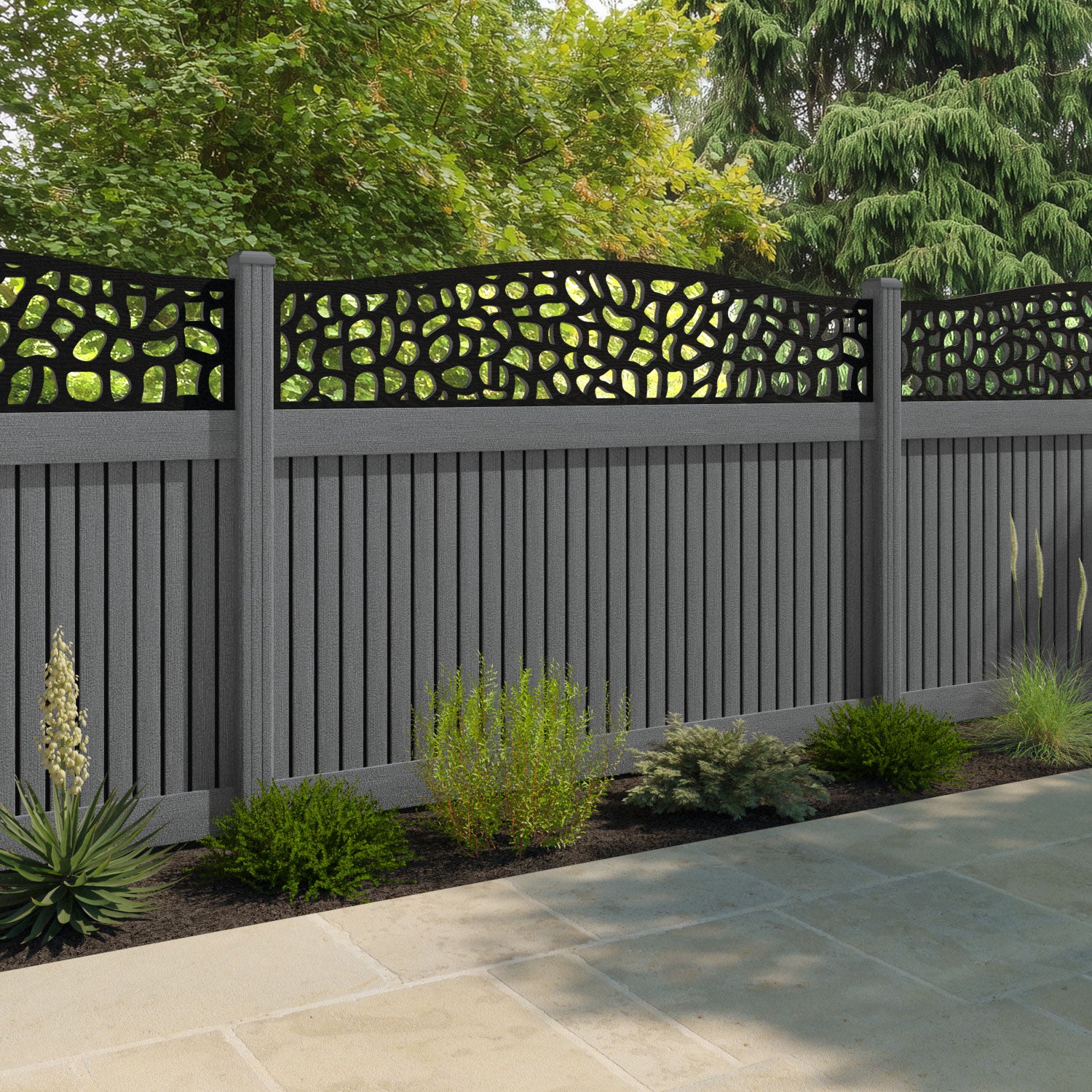 Virtis Pebble Curved Top Fence Panel - Mid Grey - with our composite posts