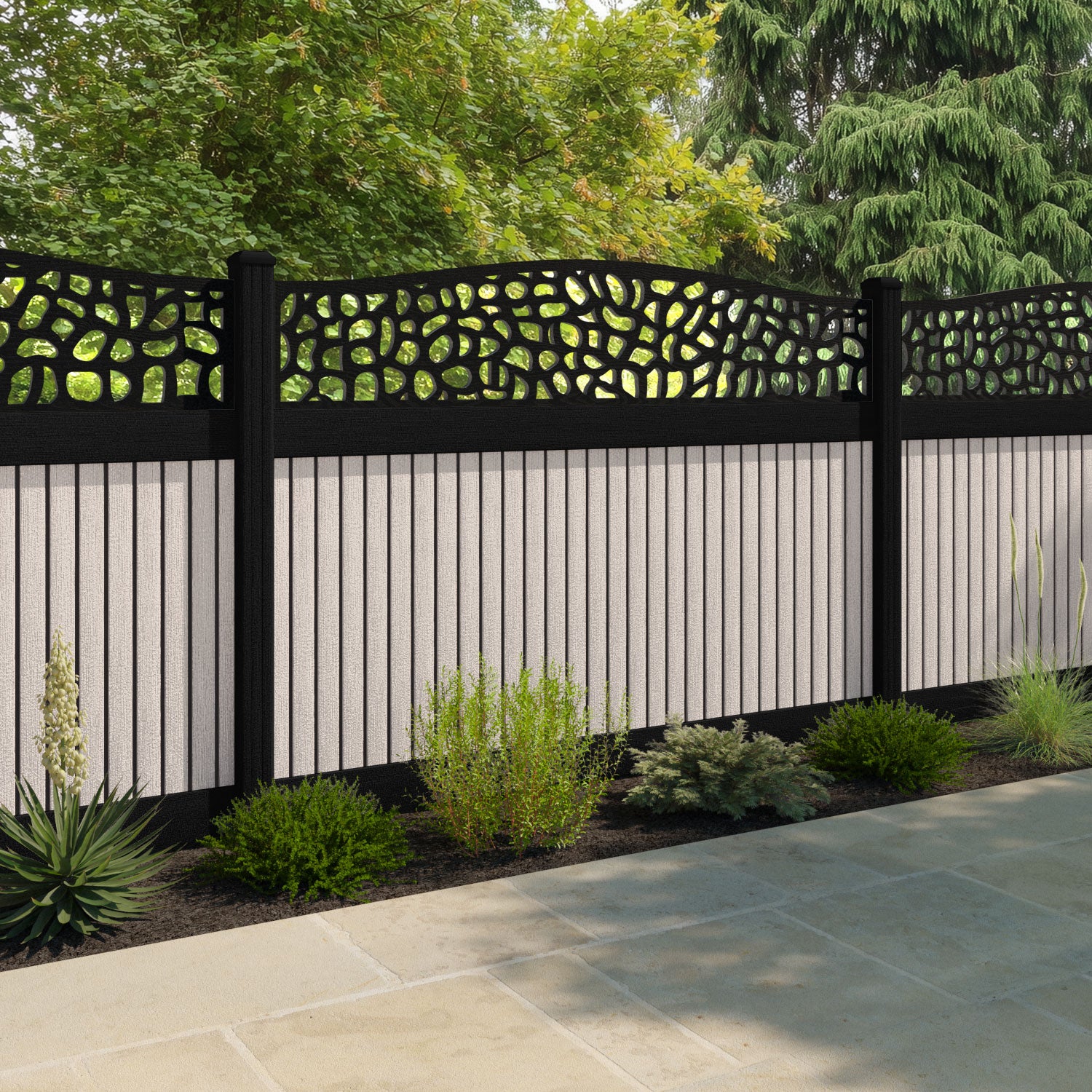 Virtis Pebble Curved Top Fence Panel - Mid Stone - with our composite posts