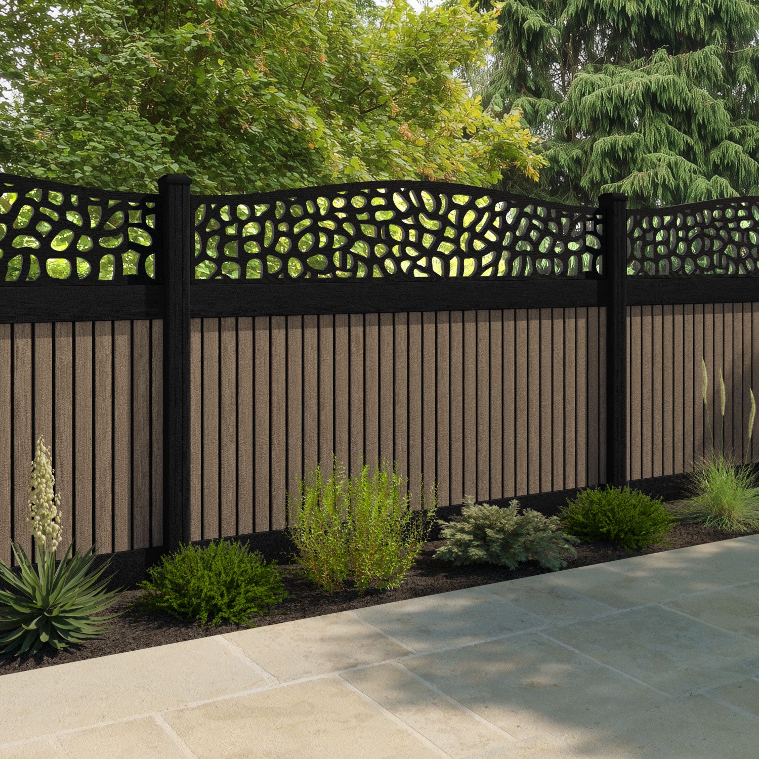 Virtis Pebble Curved Top Fence Panel - Teak - with our composite posts