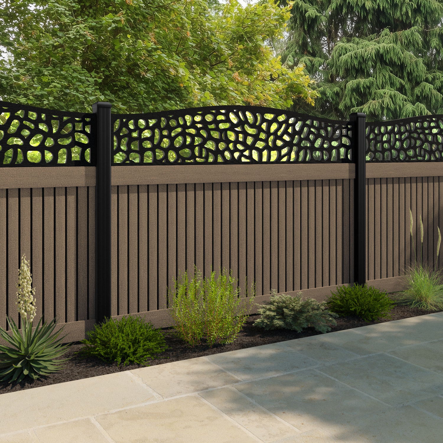 Virtis Pebble Curved Top Fence Panel - Teak - with our aluminium posts