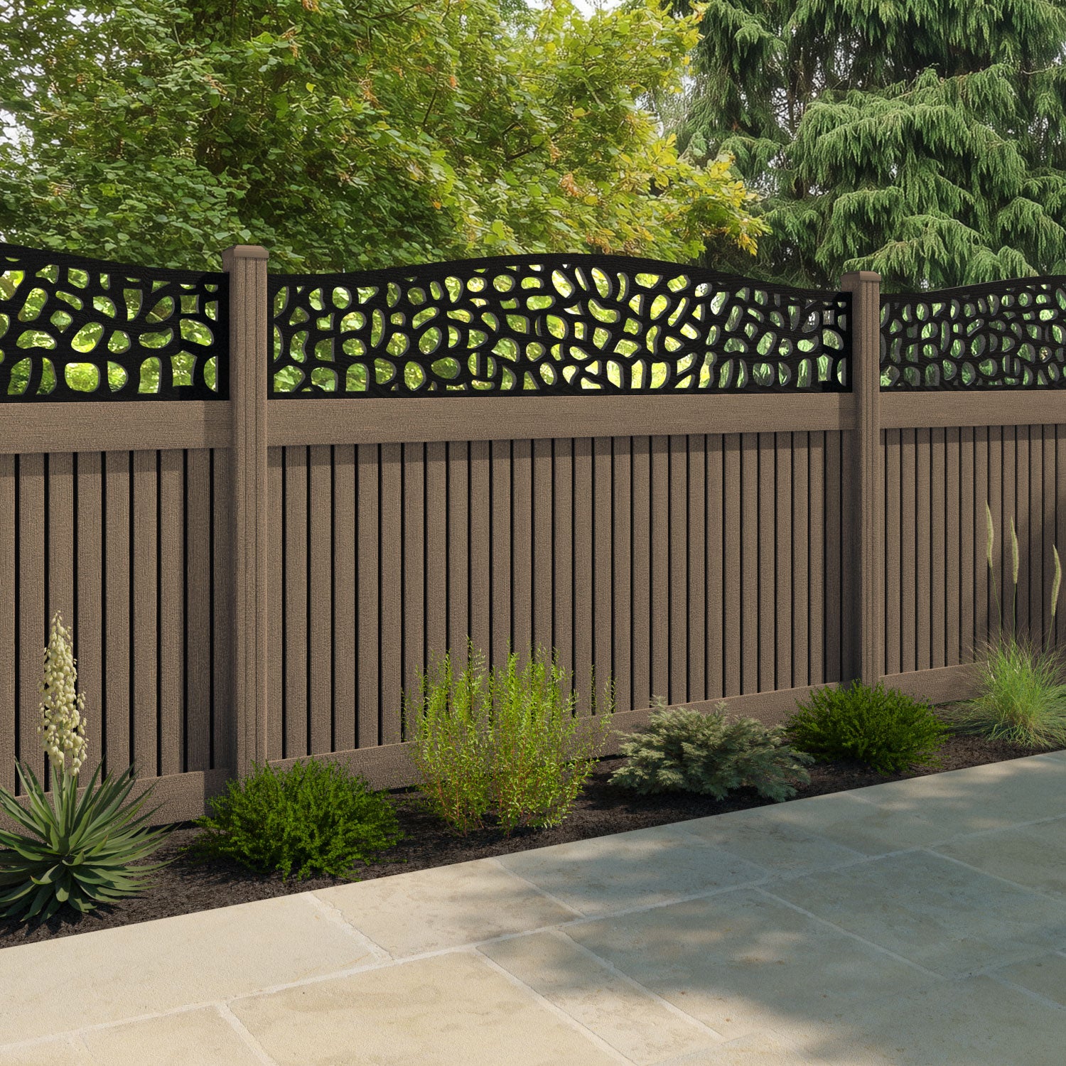 Virtis Pebble Curved Top Fence Panel - Teak - with our composite posts
