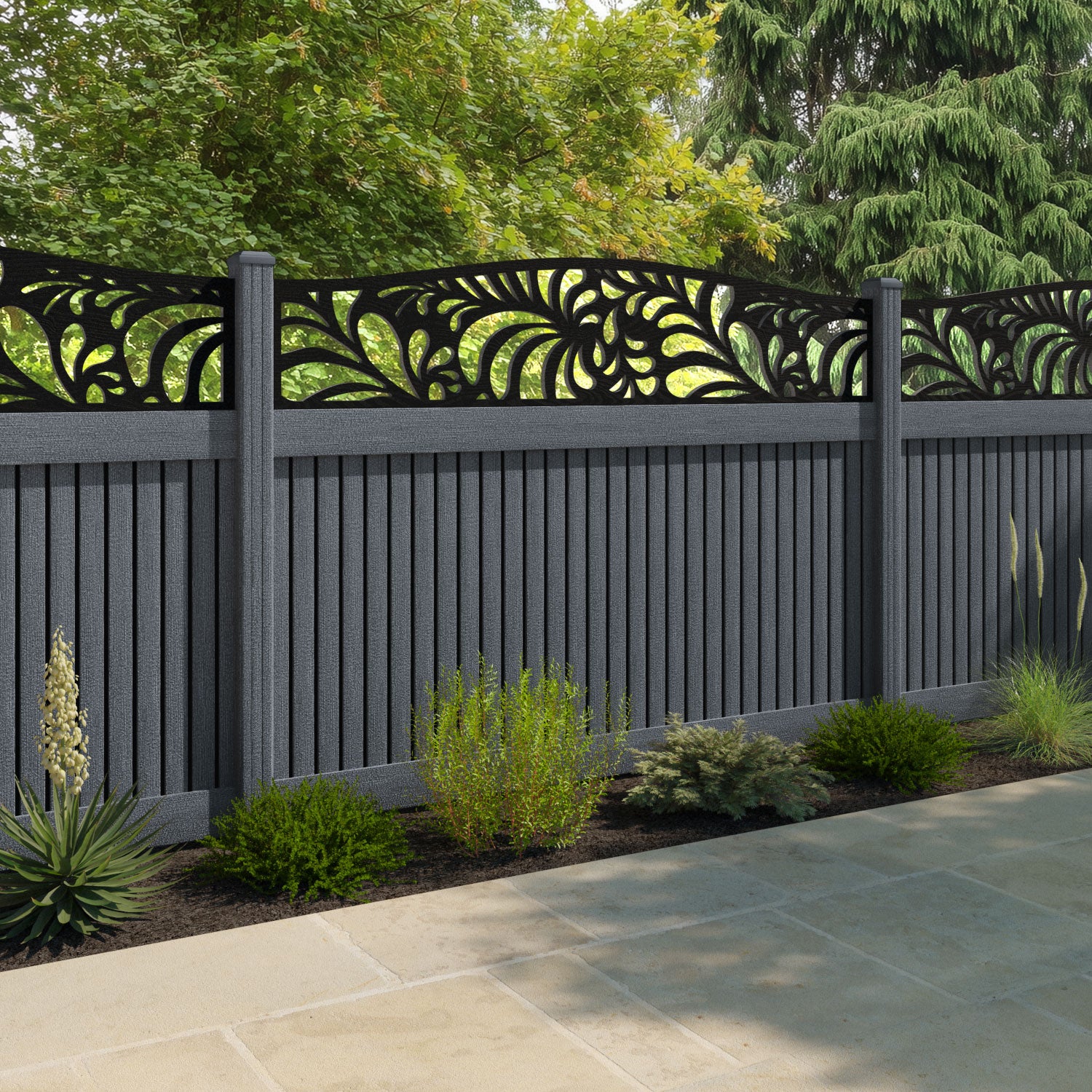 Virtis Petal Curved Top Fence Panel - Anthracite - with our composite posts