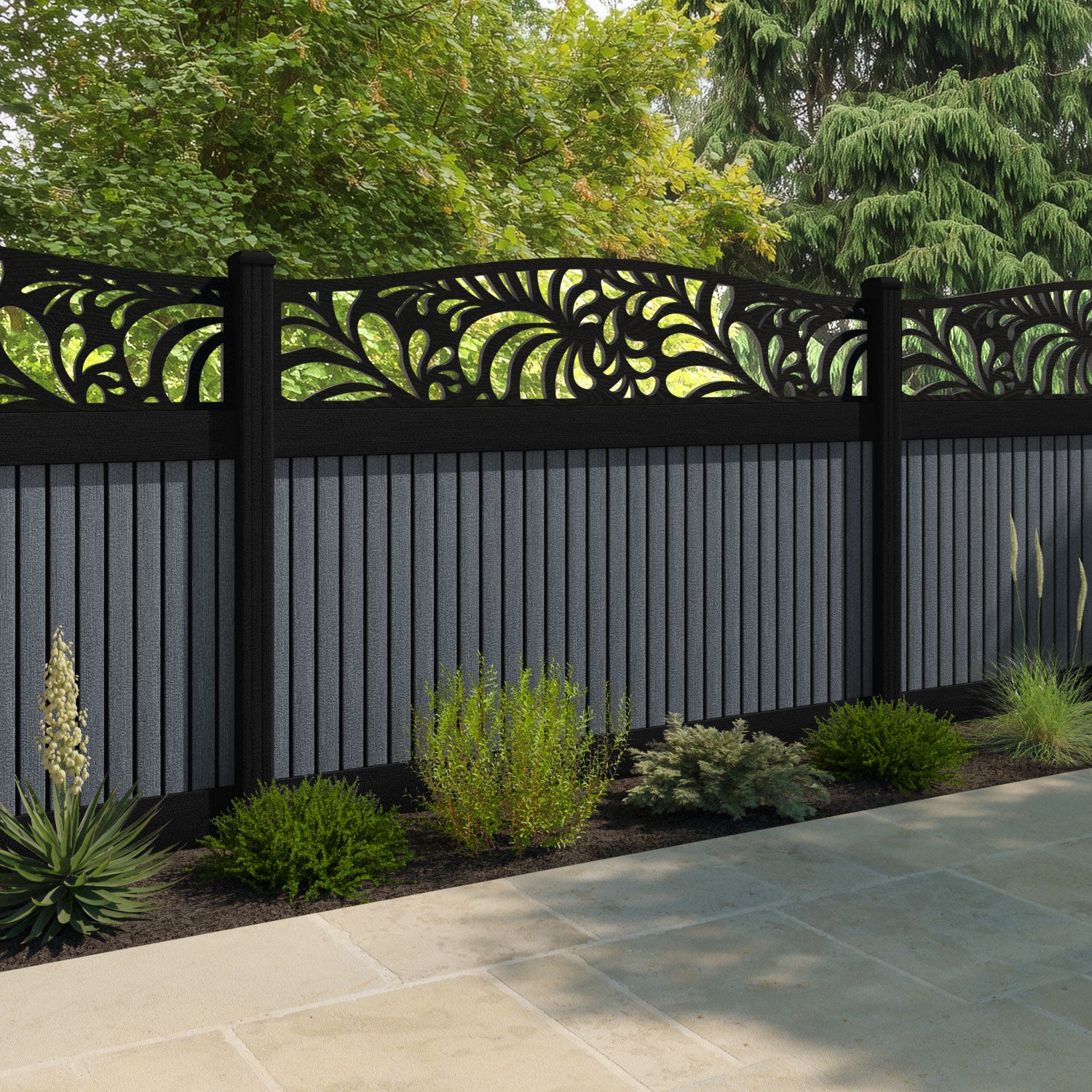 Virtis Petal Curved Top Fence Panel - Anthracite - with our composite posts