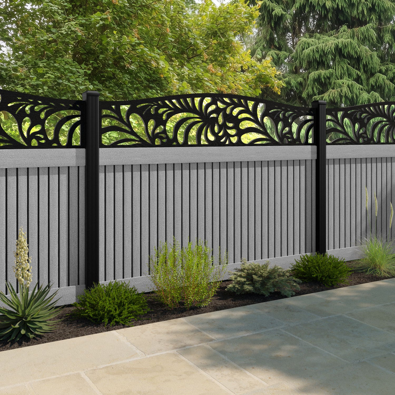 Virtis Petal Curved Top Fence Panel - Light Grey - with our composite posts