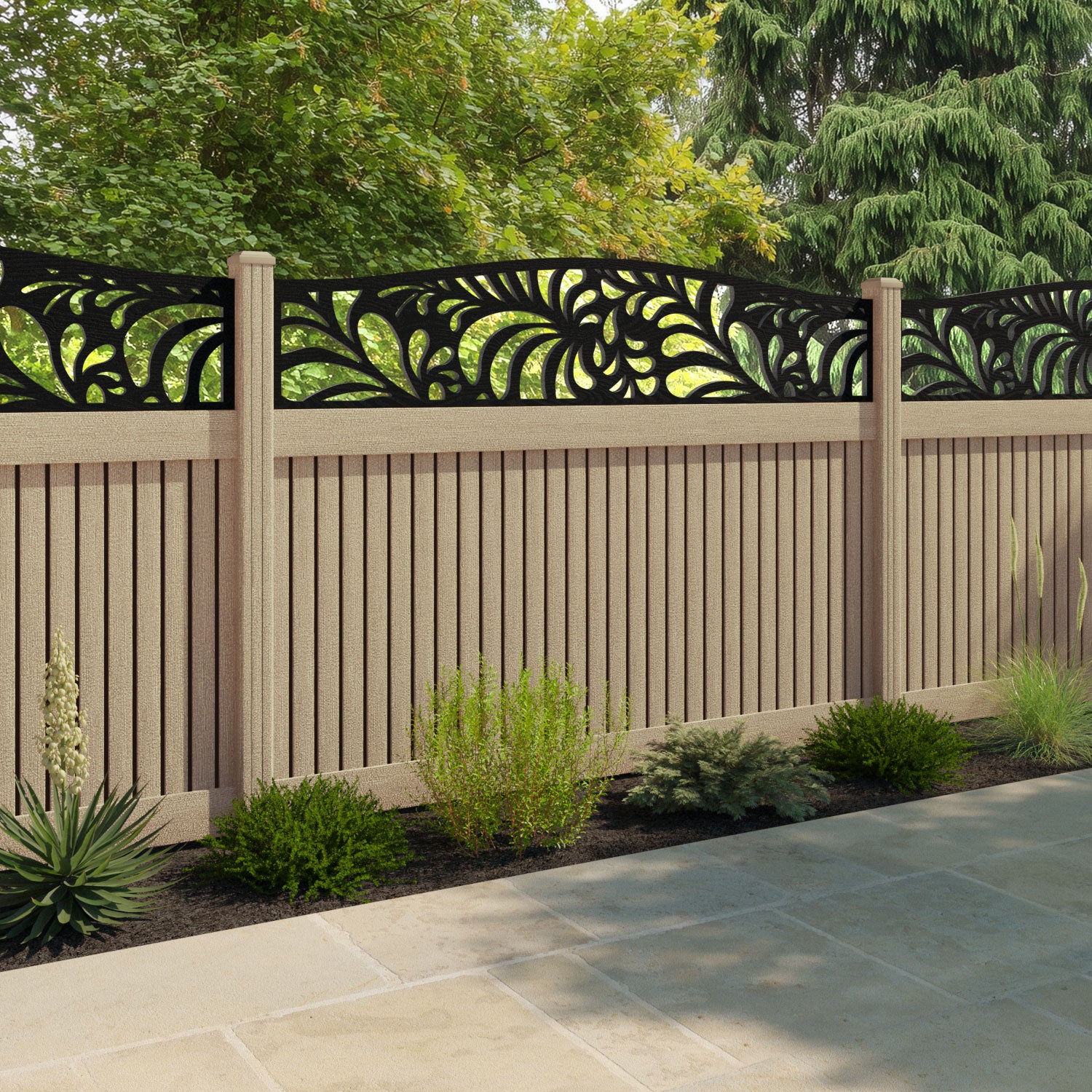Virtis Petal Curved Top Fence Panel - Light Oak - with our composite posts