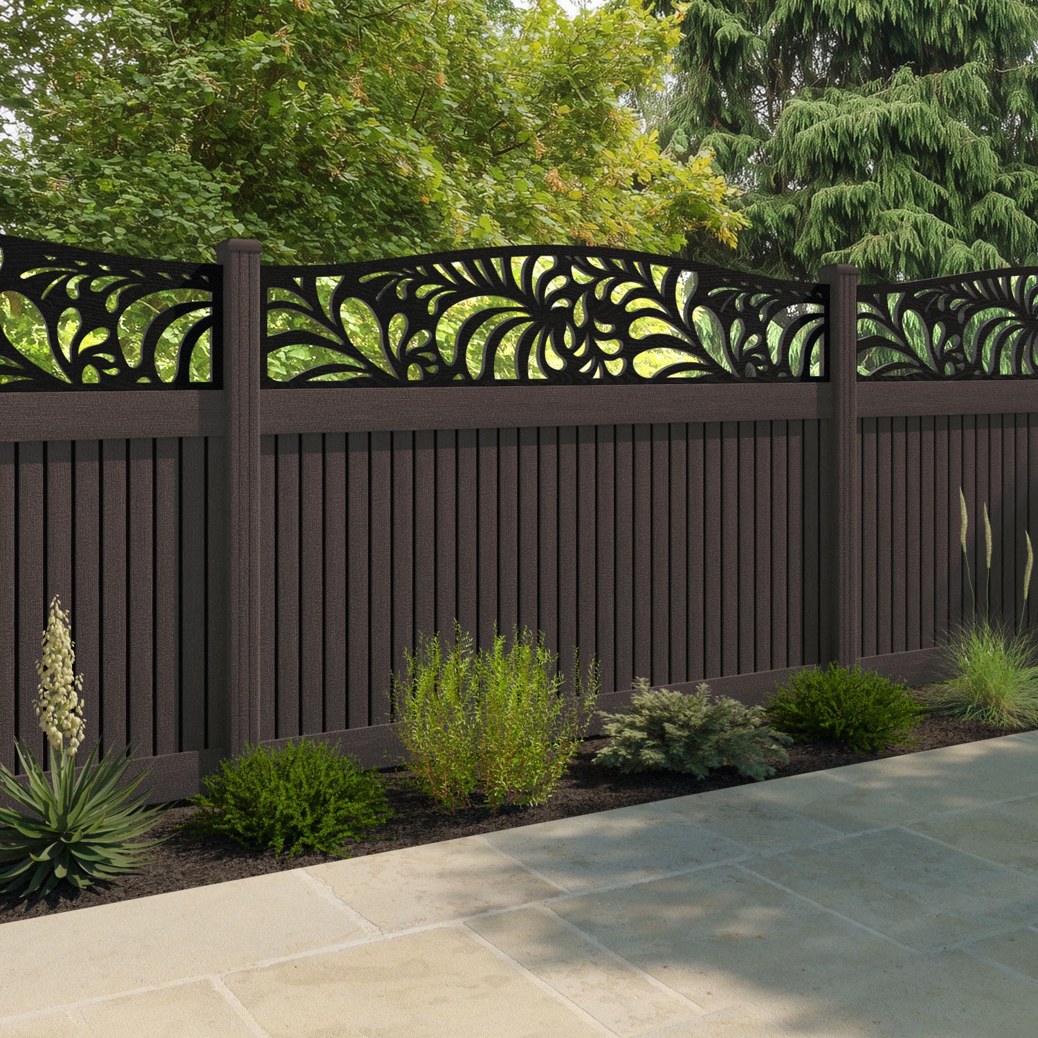 Virtis Petal Curved Top Fence Panel - Mid Brown - with our composite posts